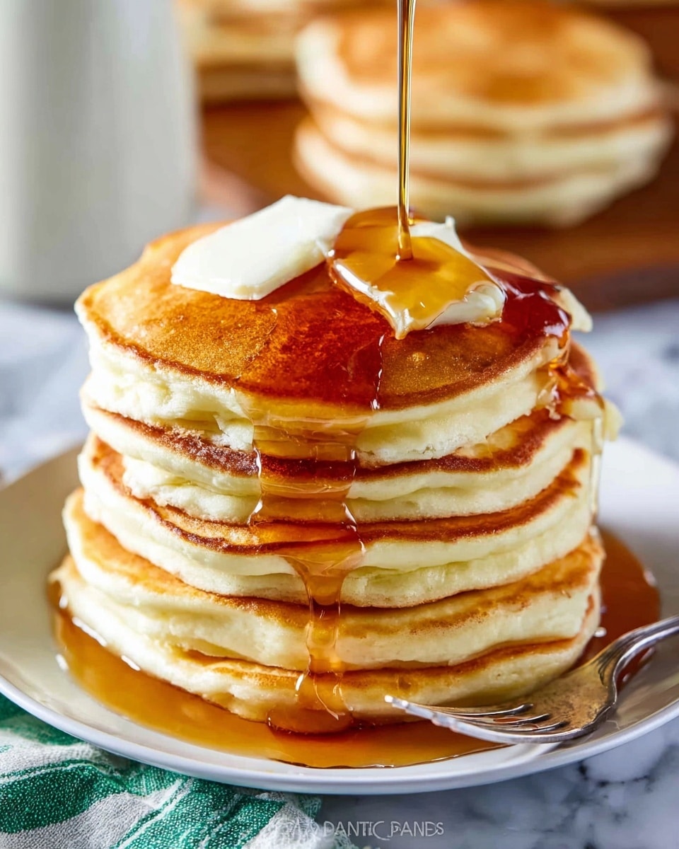 A stack of six thick, golden-brown pancakes sits on a white plate, each pancake showing soft, fluffy texture with slight browning on the edges. On top of the stack are two white pats of melting butter, glistening under the light. Warm, amber-colored syrup is being poured over the butter, slowly running down the sides of the pancakes and pooling on the plate below. The plate rests on a white marbled surface with a green and white striped cloth partially visible beneath. In the background, more pancakes are slightly out of focus, emphasizing the main stack in the foreground. Photo taken with an iphone --ar 4:5 --v 7