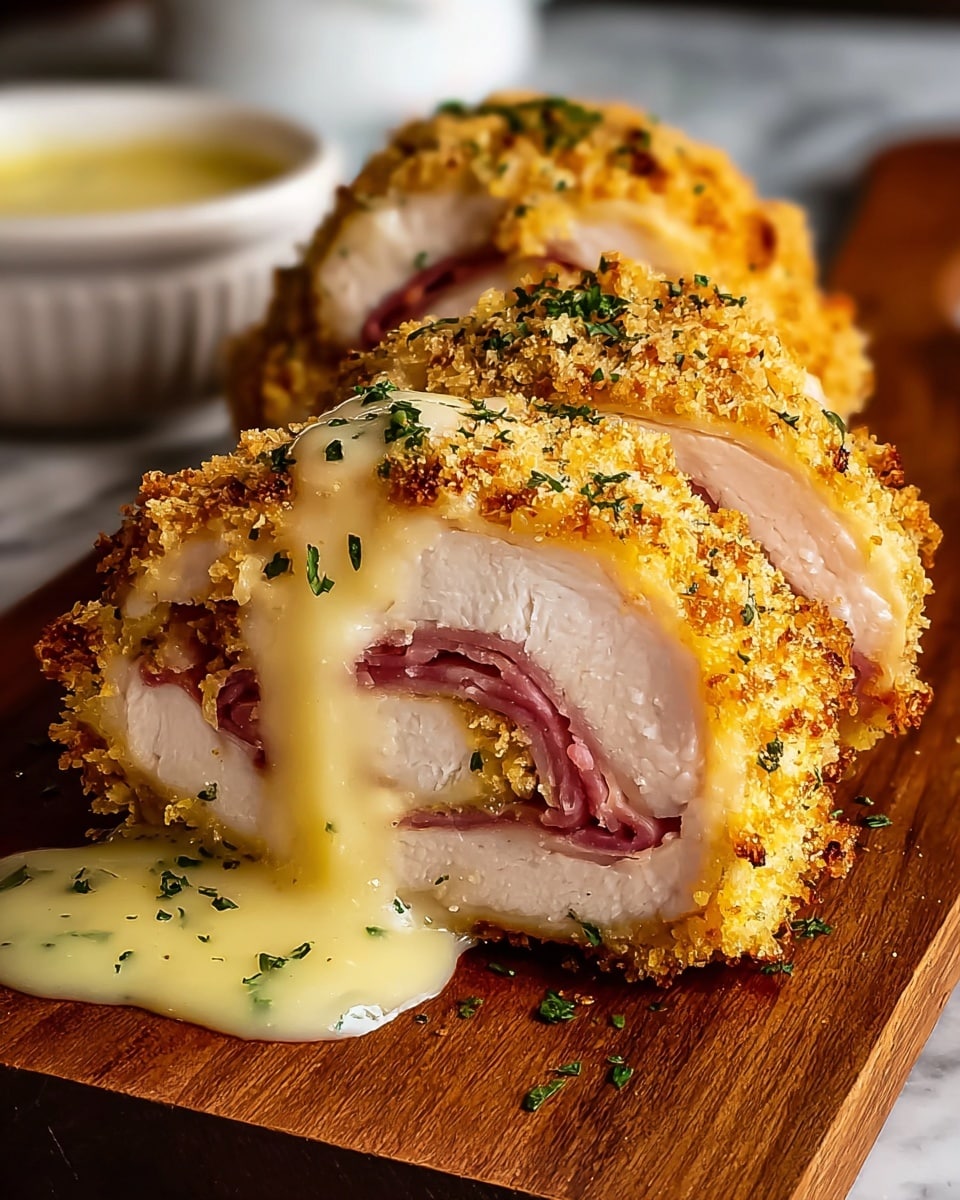 This image shows a close-up of two thick slices of chicken cordon bleu on a wooden board. Each slice has three layers: a crispy golden-brown breadcrumb outer layer dotted with green herbs, a middle layer of ham with a pinkish color, and a white chicken breast layer inside. Creamy, melted cheese with a smooth texture is oozing out from the center of the slices, pooling slightly on the board and sprinkled lightly with herbs. The background is softly blurred with a white marbled texture surface, making the dish the clear focus. photo taken with an iphone --ar 4:5 --v 7
