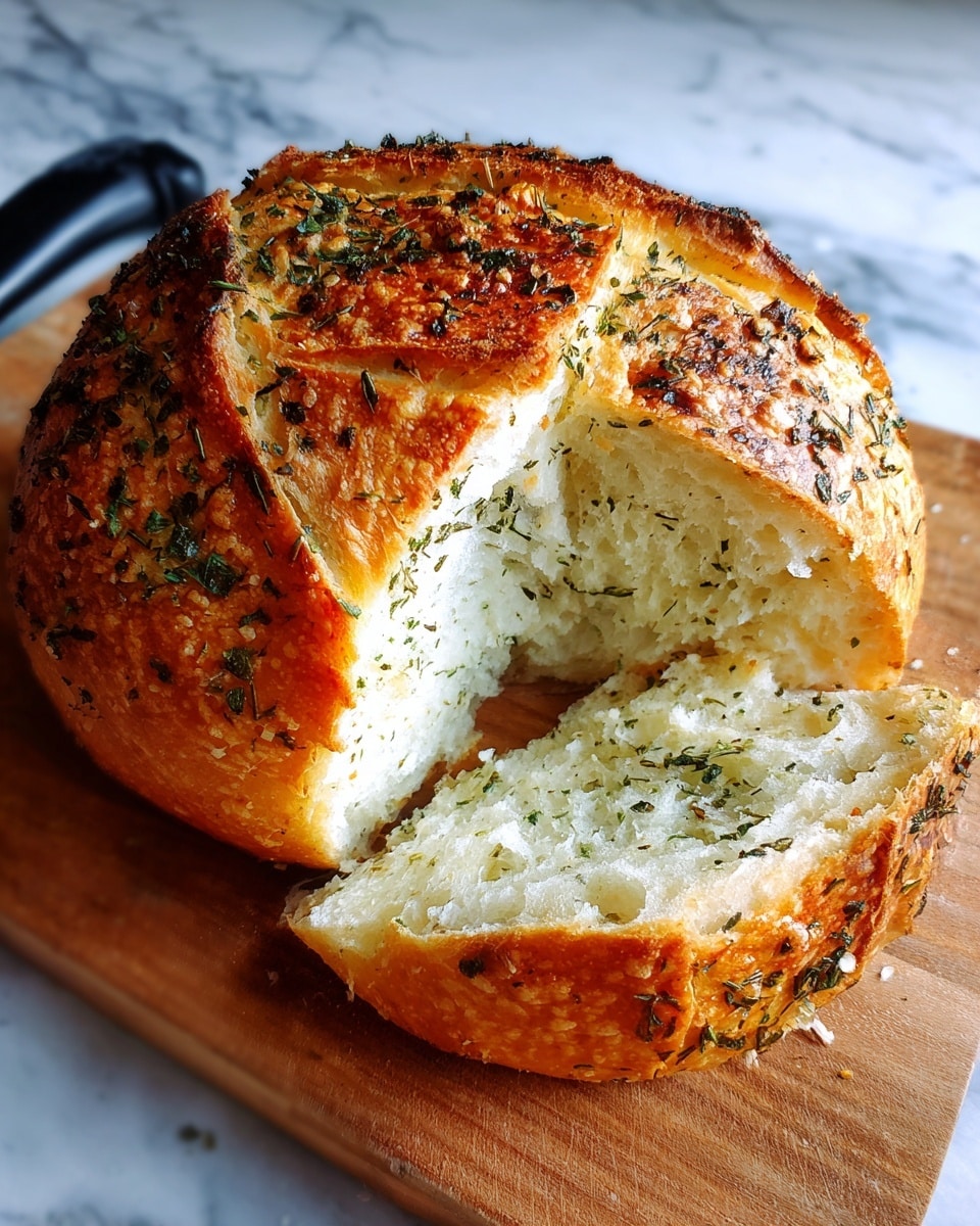A round loaf of golden brown bread with a shiny, crispy crust covered in small dried herbs sits on a light wooden cutting board. The bread shows deep cracks on top, revealing its soft, airy interior with a light cream color speckled with herbs inside. One thick slice has been torn away from the front, showing the fluffy texture inside very clearly. The cutting board sits on a white marbled surface with some blurred kitchen background. photo taken with an iphone --ar 4:5 --v 7