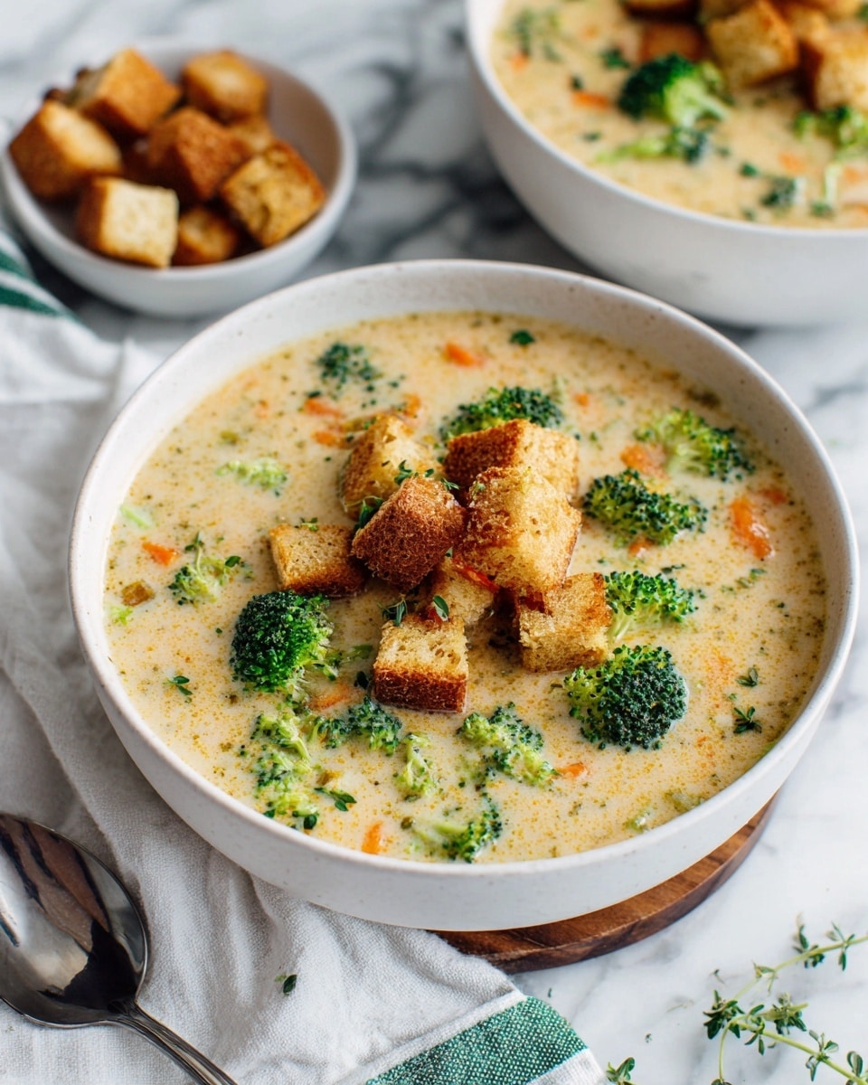 A white bowl filled with creamy broccoli soup that has visible green broccoli florets, small orange carrot pieces, and a light beige creamy broth. On the top of the soup are golden brown croutons sprinkled with chopped green herbs. The bowl sits on a wooden board placed on a white marbled surface. To the upper left, there is a small silver bowl filled with more golden croutons. A silver spoon is at the bottom left corner of the image, and a white cloth with green stripes is placed near the top right of the bowl. photo taken with an iphone --ar 4:5 --v 7