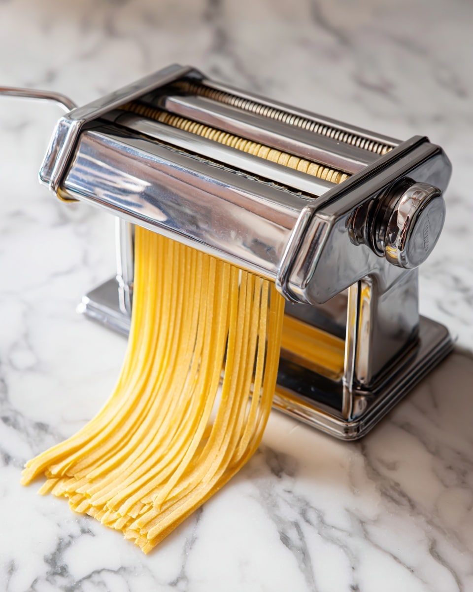 A shiny silver pasta machine is set on a white marbled surface, pressing light yellow pasta dough into thin, even strips that hang down in long, smooth layers from the machine’s rollers, with the dough sheet entering from the top and transforming into straight pasta ribbons below. The metal of the pasta maker reflects light, creating sleek highlights and minor shadows on the smooth white marbled surface beneath. Photo taken with an iphone --ar 4:5 --v 7