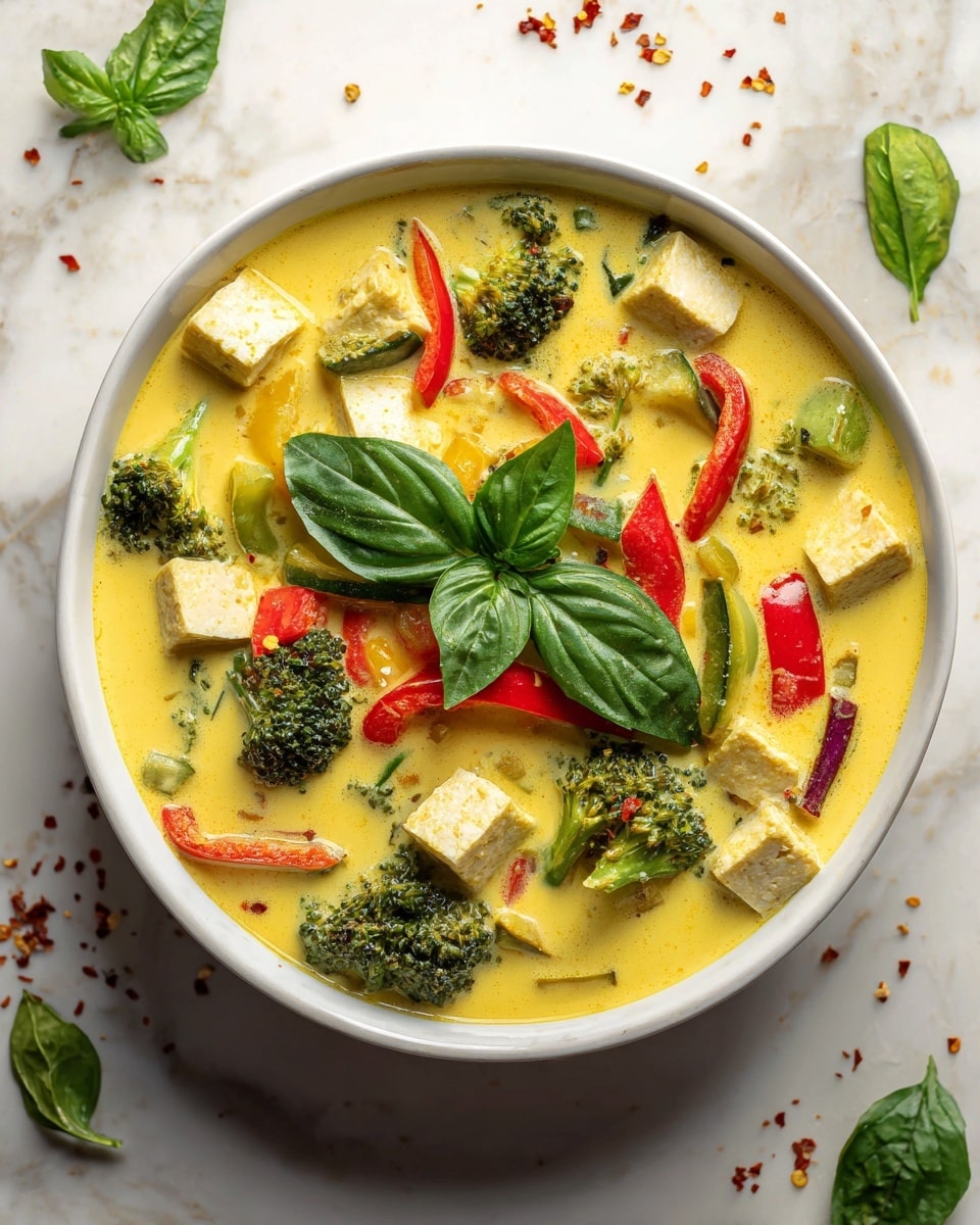 A white bowl filled with a creamy light yellow-green soup, showing a rich mix of colorful ingredients. The top layer has bright green basil leaves and chopped dark green scallions scattered over cubes of light golden tofu. There are also pieces of broccoli, red and green chili slices, and small carrot chunks mixed in, all floating in the smooth soup. The bowl sits on a white marbled surface with some scattered red pepper flakes and green leaves around. photo taken with an iphone --ar 4:5 --v 7