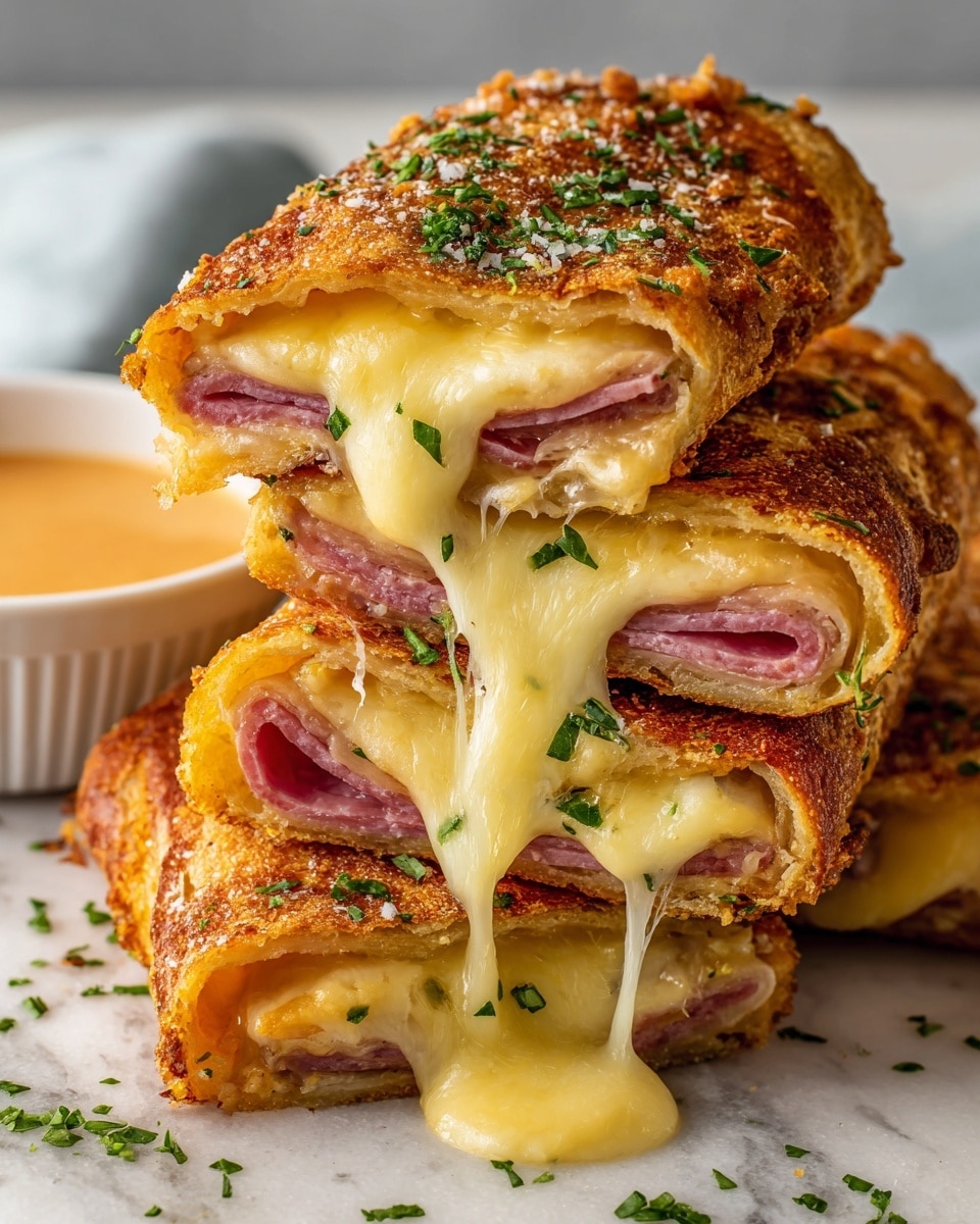 The image shows four rolled sandwiches stacked on a wooden board against a white marbled background. Each roll features a golden-brown toasted exterior with visible melted cheese oozing out from the edges. Inside, layers of thinly sliced pink meat are intertwined with more melted cheese, creating a rich and creamy texture. The sandwiches are sprinkled lightly with green parsley for color contrast, and a small white bowl of light pink dipping sauce is placed near the top right. The lighting highlights the gooey cheese and crispy bread texture clearly. photo taken with an iphone --ar 4:5 --v 7