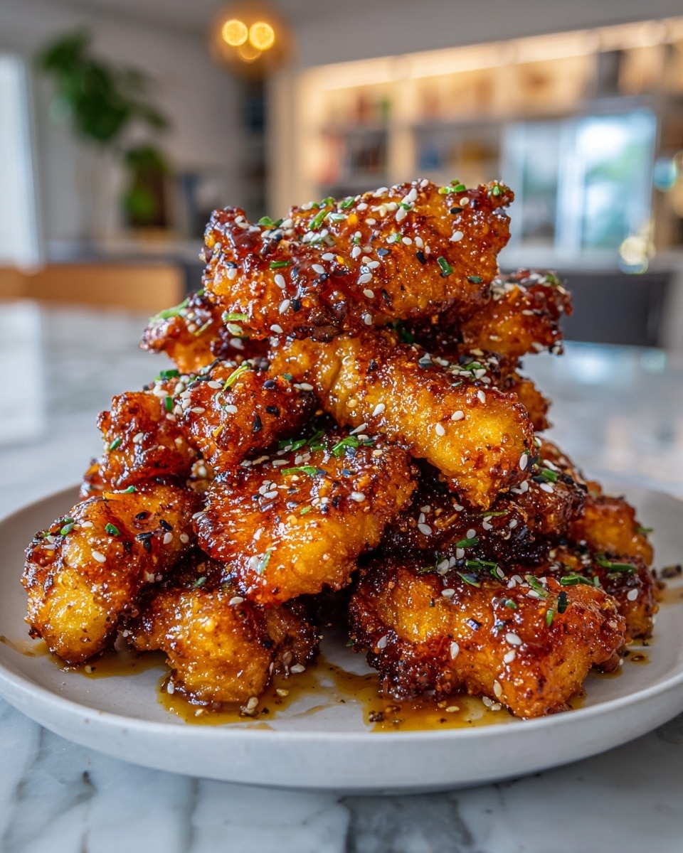 A tall pile of golden brown chicken strips sits on a white plate, each piece glazed with a shiny sauce that makes them look juicy and sticky. The chicken is covered with black pepper flakes, white sesame seeds, and small bits of chopped green herbs scattered all over. The surface of each strip is crispy and textured, showing a mix of darker charred spots and lighter crispy edges. The plate is placed on a white marbled texture, with a blurred background of a modern kitchen. photo taken with an iphone --ar 4:5 --v 7