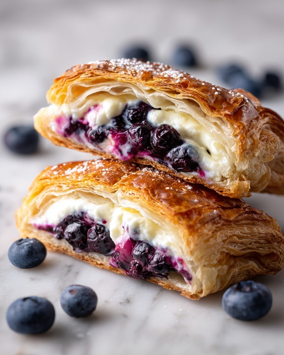 The image shows two pieces of a layered pastry stacked on top of each other, each with golden brown, flaky, and crispy outer layers. Inside, there is a thick filling made of dark purple blueberries mixed with a creamy white layer, creating a contrast between the rich purple and soft white. The texture of the pastry is light and airy, while the blueberry filling looks juicy and slightly glossy. The background is a white marbled surface. Photo taken with an iphone --ar 4:5 --v 7