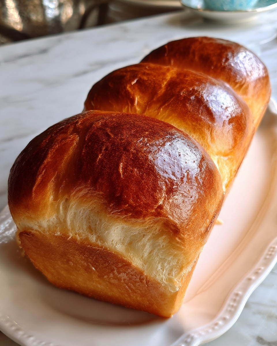 The image shows a close-up of a shiny, golden-brown loaf of bread with a soft, fluffy inside texture. The loaf has three large, smooth top sections that are slightly glossy, showing a baked crust. The bread is resting on a white plate with a delicate edge design, placed on a white marbled surface. The light highlights the smoothness and airiness of the inside and the rich color of the crust. Photo taken with an iphone --ar 4:5 --v 7