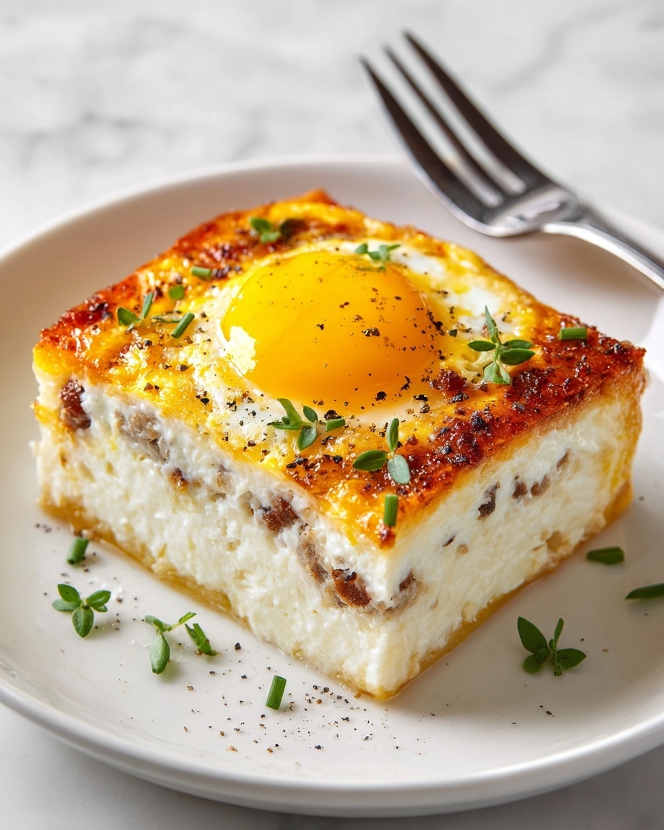 A round, thick slice of layered breakfast casserole sits on a white plate with slightly curved edges. The bottom layers show a mix of creamy, soft textures with bits of red, likely diced ham or bacon, and melted cheese visible in the middle, creating a light yellow and pink patchwork appearance. The top layer is a browned, crispy edge surrounding a perfectly cooked sunny-side-up egg with a bright yellow yolk in the center, sprinkled with black pepper and chopped green herbs. A small bunch of fresh green microgreens rests gently on the egg's edge. The plate is placed on a white marbled surface with a fork partially visible in the background. Photo taken with an iphone --ar 4:5 --v 7