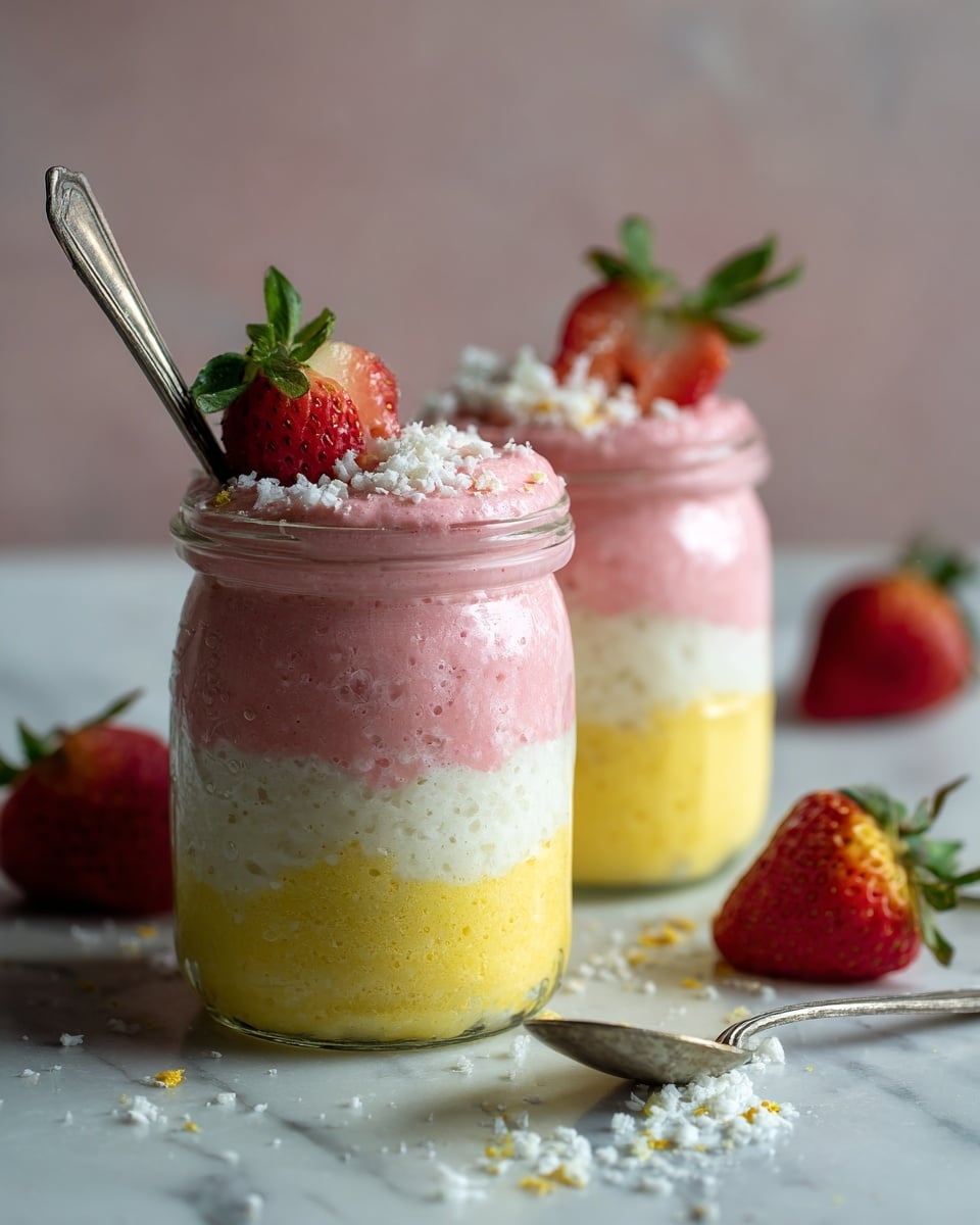 Two clear glass jars filled with three visible layers of a smoothie-like dessert, placed side by side on a white marbled surface. The bottom layer is thick and white, the middle layer is creamy yellow with a smooth texture, and the top layer is bright pink with a slightly chunky texture, overflowing the rims. The pink layer is topped with white flakes and small brown pieces scattered all over, with two strawberry halves placed neatly on top of each jar. A silver spoon is inserted into each jar behind the strawberries. Photo taken with an iphone --ar 4:5 --v 7