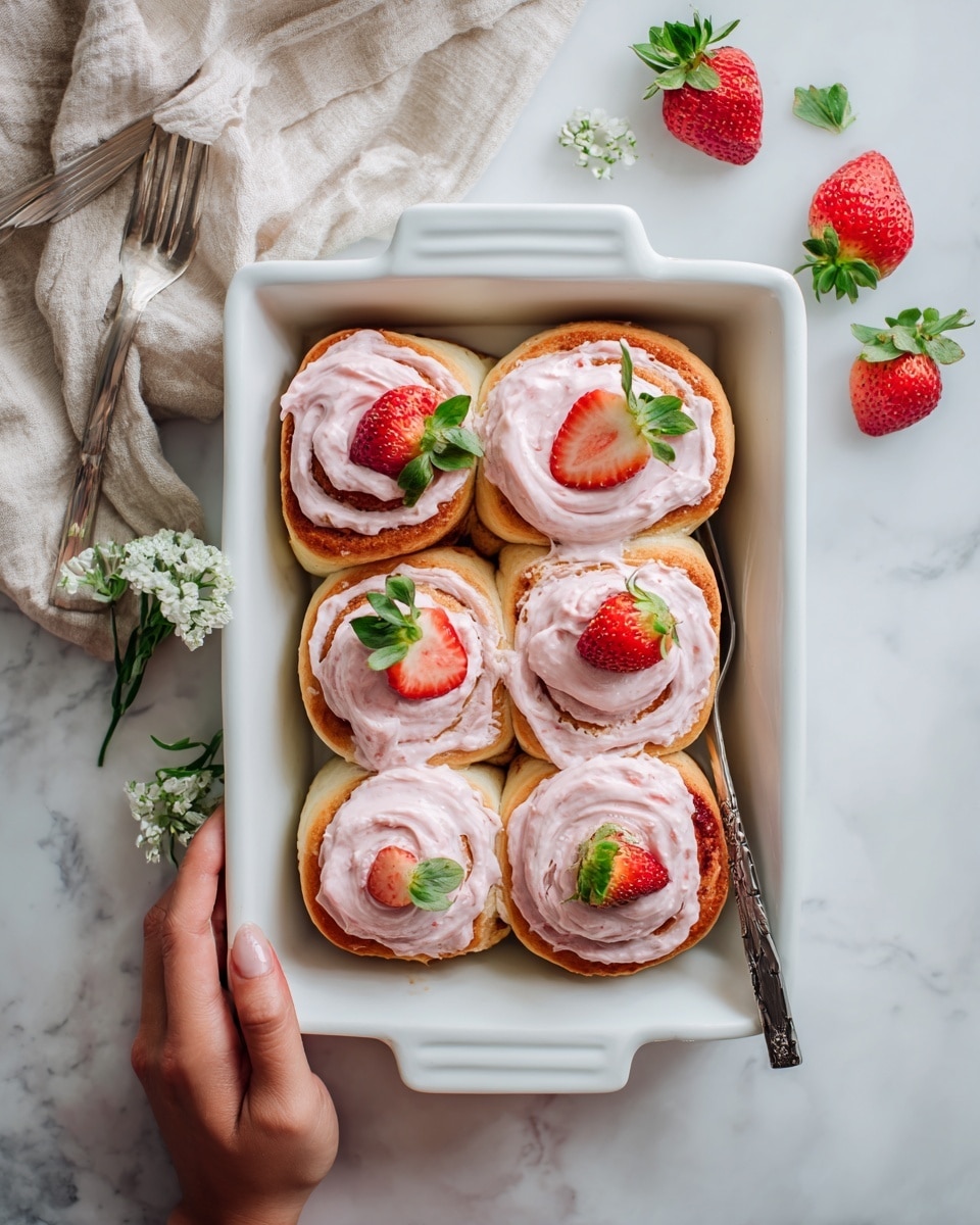 A white rectangular ceramic dish holds seven cinnamon rolls arranged in two rows, each with a thick swirl of pink frosting on top. The frosting is smooth and creamy, with some rolls topped with fresh strawberry halves, showing red color with seeds and green leaves. The cinnamon rolls have a golden-brown color, with a soft and slightly shiny surface. The dish sits on a white marbled surface. In the top left corner, a woman's hand holds a fork over folded beige cloth, and a few whole strawberries are scattered nearby. Photo taken with an iphone --ar 4:5 --v 7