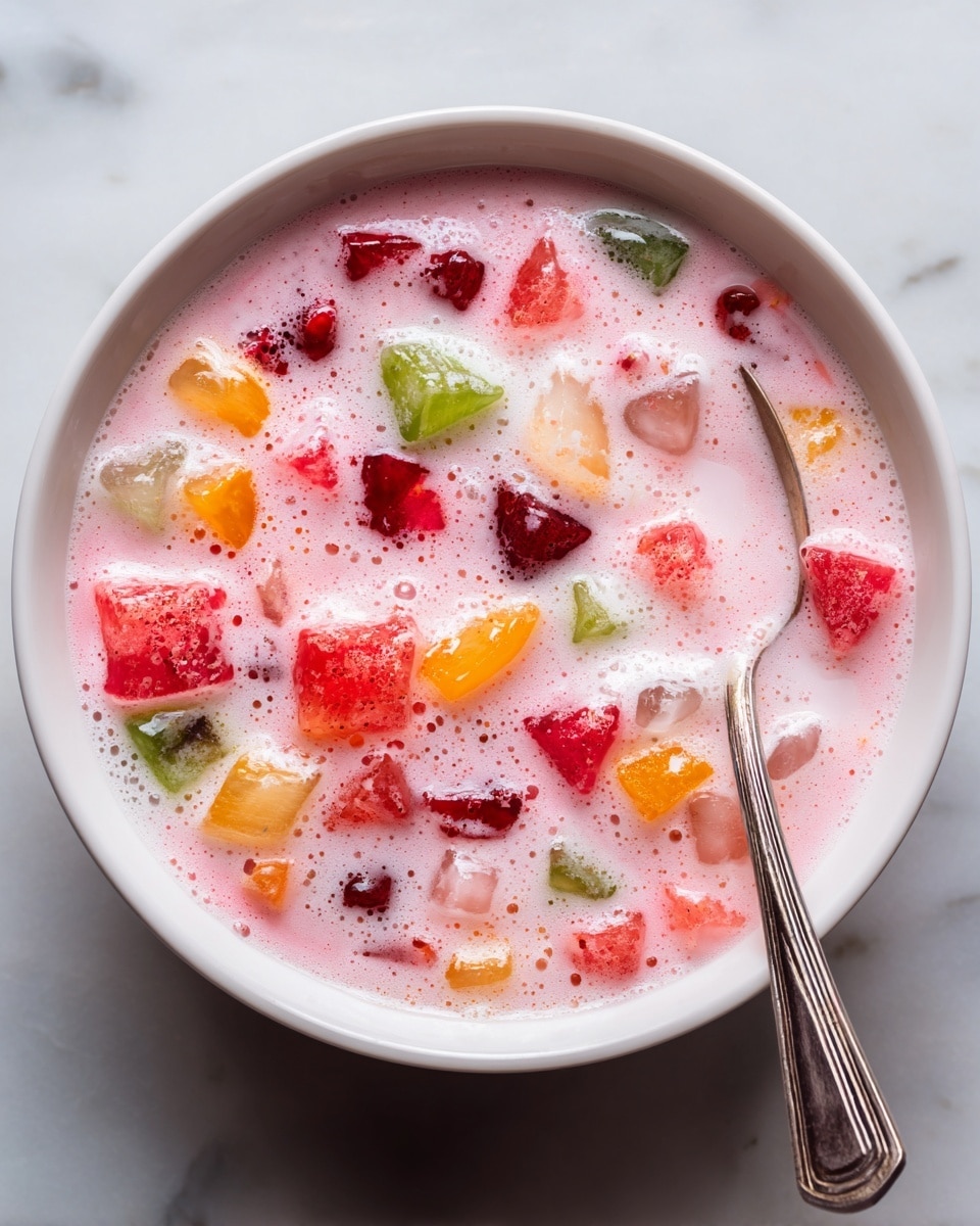 A close-up view of a bowl filled with a pink milky drink containing small cubes of red, green, and yellow fruit pieces along with a few ice cubes scattered inside. The liquid has a frothy and bubbly texture on top, mixing with the colorful fruit chunks. A silver spoon rests inside the bowl on the right side, partially submerged. The bowl sits on a white marbled surface, adding a clean and bright background to the image. photo taken with an iphone --ar 4:5 --v 7