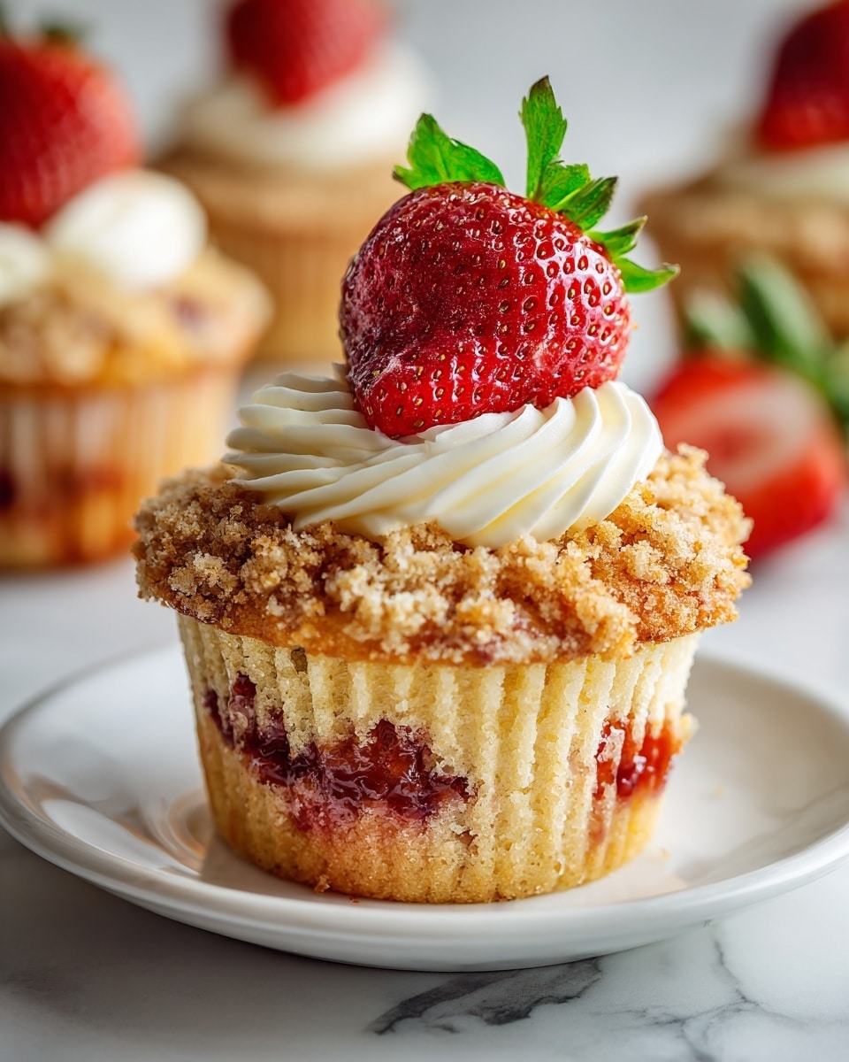 A close-up of a crumb-topped muffin with three main layers: the bottom layer is soft, light beige muffin cake with bits of red strawberry inside, the middle layer shows red strawberry jam filling, and the top layer is a crumbly golden brown streusel with a dollop of smooth white cream on top. A whole fresh bright red strawberry with green leaves sits in the center of the cream. The muffin is on a white plate placed on a white marbled surface. Photo taken with an iphone --ar 4:5 --v 7