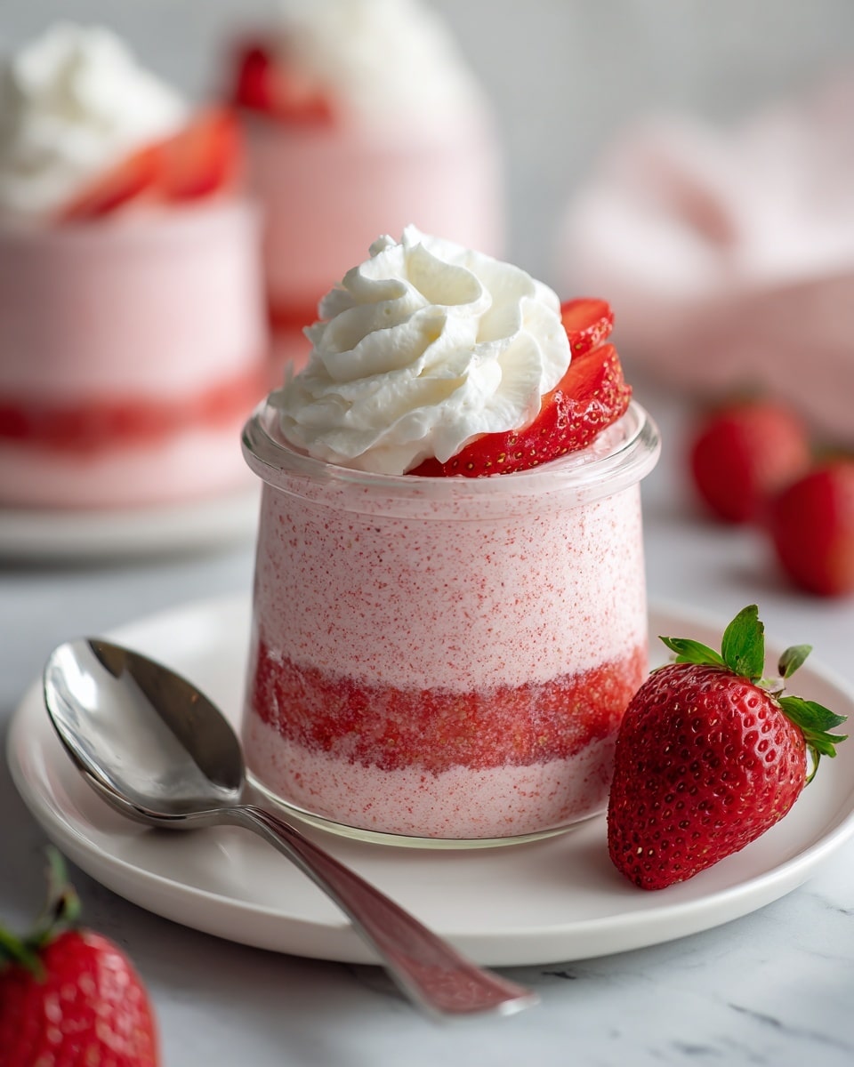 The image shows a small clear glass jar filled with three main layers: fresh sliced strawberries pressed against the inside bottom and sides, a thick light pink creamy layer filling most of the jar above the strawberries, and a dollop of white whipped cream on top. The jar is placed on a white plate with a few whole bright red strawberries beside it. A shiny silver spoon lies on the left side of the plate. The background has a white marbled texture with another jar of the same dessert slightly blurred in the back. Photo taken with an iphone --ar 4:5 --v 7