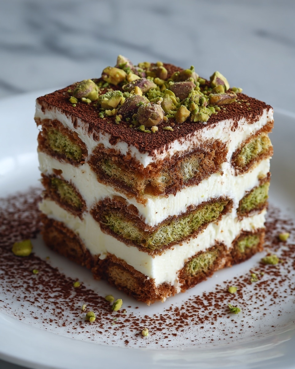 A square piece of layered dessert sits on a white plate with a white marbled texture beneath. The dessert has three visible layers of light green sponge cake alternating with thick, creamy white layers. The top layer is covered with a dusting of cocoa powder and is sprinkled with roughly chopped pistachios, some spilling onto the plate. The edges of the creamy layers are smooth and soft, making the dessert appear fluffy and moist. Photo taken with an iphone --ar 4:5 --v 7