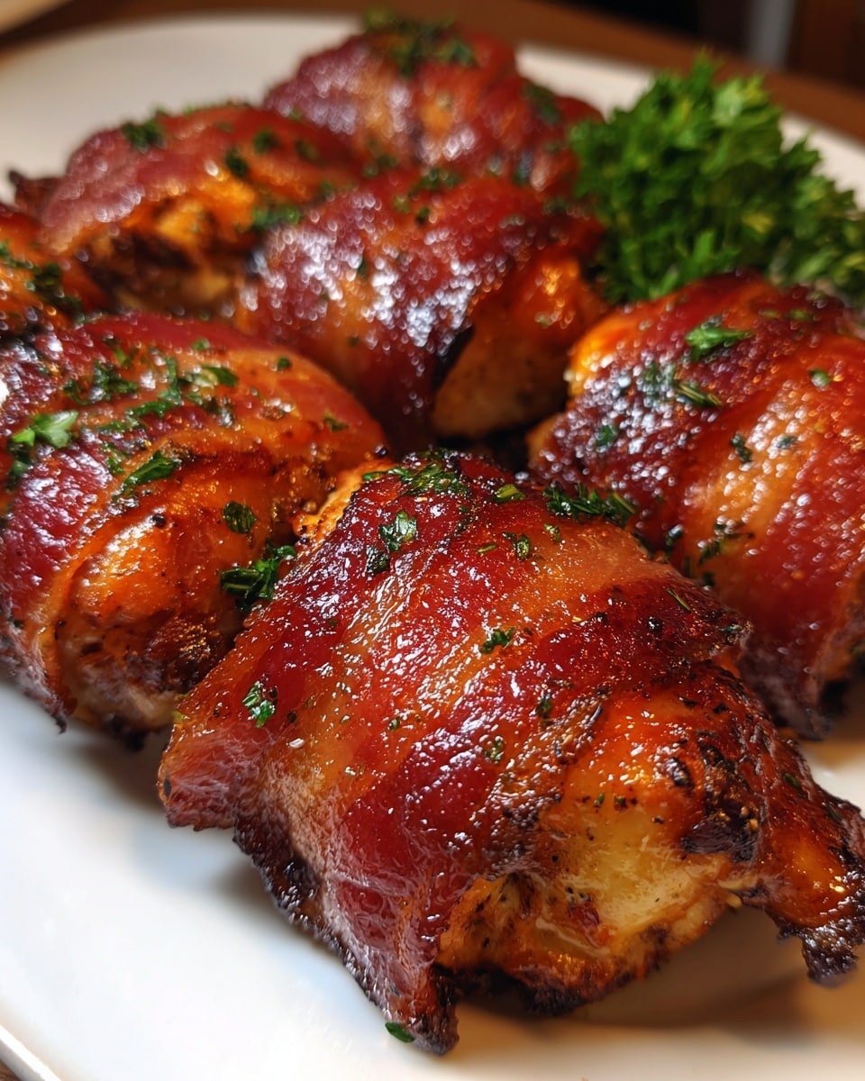 The image shows several pieces of bacon-wrapped chicken on a white plate, each piece tightly wrapped with crispy, reddish-brown bacon that has a shiny, glazed texture. The chicken inside is lightly browned with a slightly charred edge showing under the bacon. The arrangement is close together, filling the plate, with hints of green parsley in the background adding a pop of color. The white plate contrasts well with the rich colors of the meat, and the close-up view highlights the glistening, juicy surface of the bacon-wrapped chicken. Photo taken with an iphone --ar 4:5 --v 7