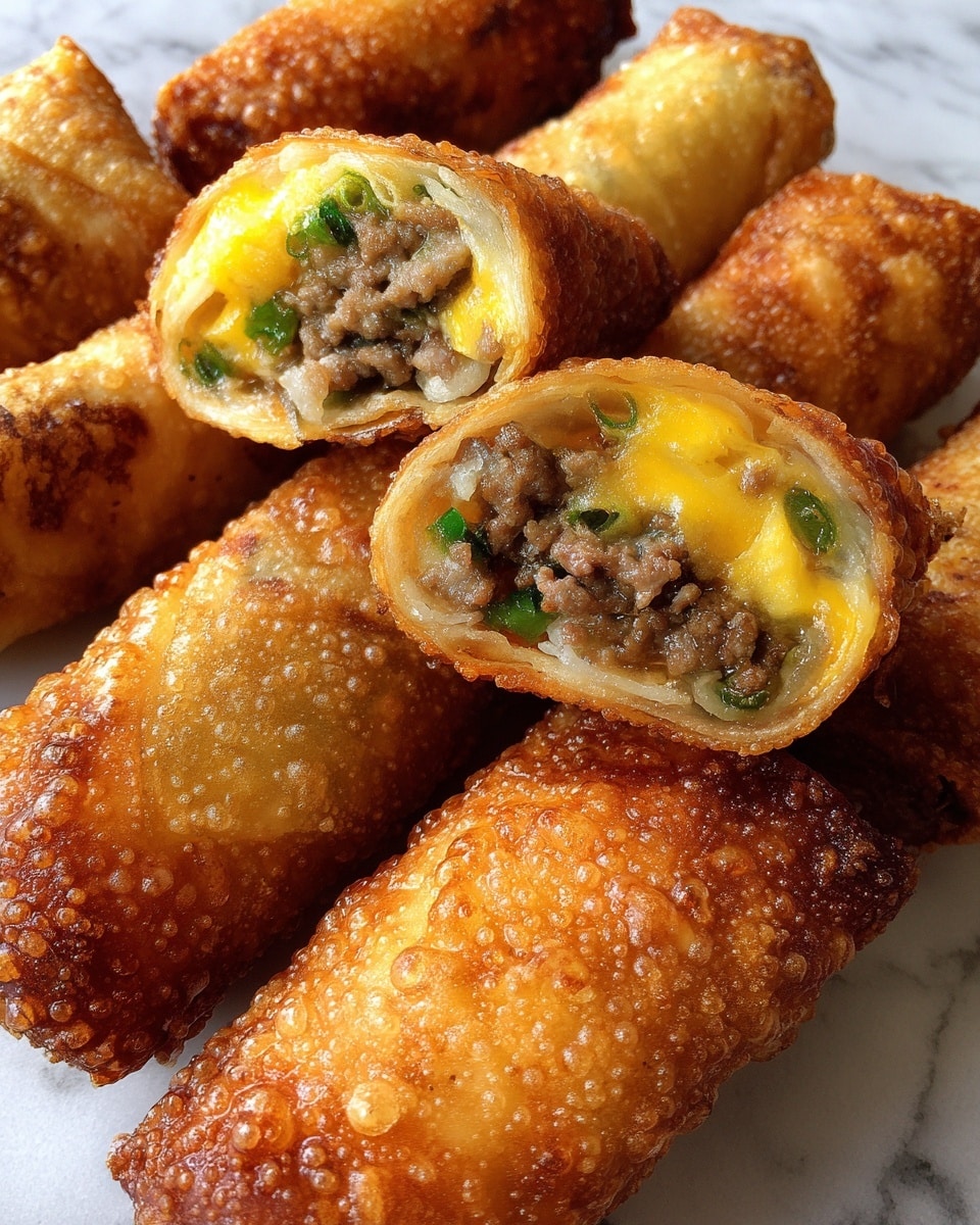 The image shows several golden brown egg rolls with a crisp and bubbly outer layer, stacked close together on a white marbled surface. One egg roll is cut in half to display the filling inside, which has two layers: the first layer is a mix of small, brown cooked ground meat and diced light green vegetables, covered lightly with melted pale yellow cheese. The egg roll wrapper is thin and crispy, wrapping tightly around the filling, creating a contrast between the crunchy outside and the soft, savory inside. photo taken with an iphone --ar 4:5 --v 7