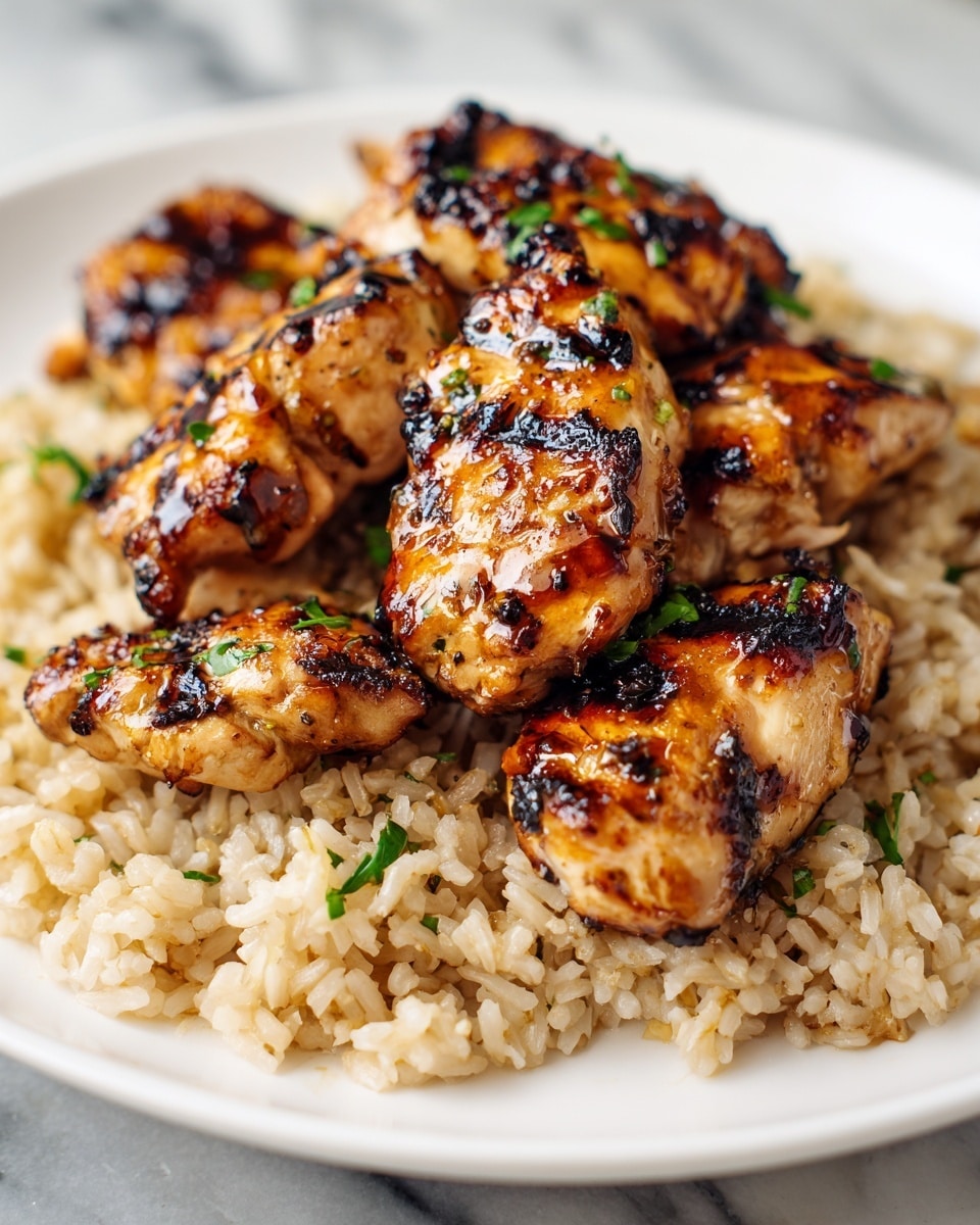 The image shows a close-up of a white plate filled with two main layers: at the bottom, a bed of light brown cooked rice with visible grains, topped with a layer of glazed grilled chicken pieces, which are golden brown with some darker caramelized edges. The chicken pieces are coated with a shiny sauce, and small green herb leaves are scattered on top for garnish. The background is a white marbled texture. photo taken with an iphone --ar 4:5 --v 7