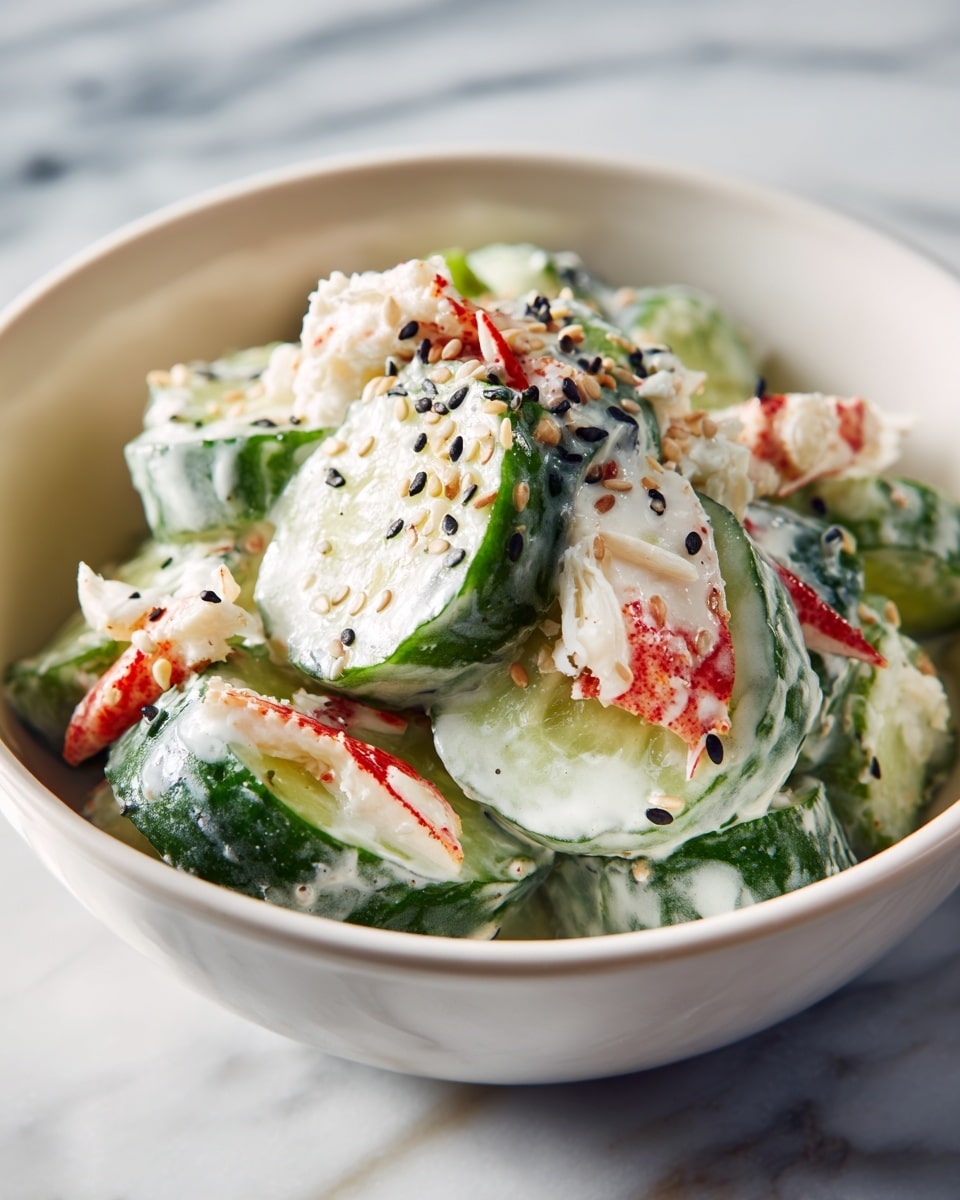 A close-up view of a white bowl filled with a creamy cucumber salad that has thick, round cucumber slices with dark green edges and pale green centers. Mixed in are chunks of crab meat with white and reddish hues, all coated in a smooth, white dressing. The salad is sprinkled with black and white sesame seeds, adding a touch of texture and contrast across the surface. The bowl sits on a white marbled texture, creating a clean and fresh background. photo taken with an iphone --ar 4:5 --v 7