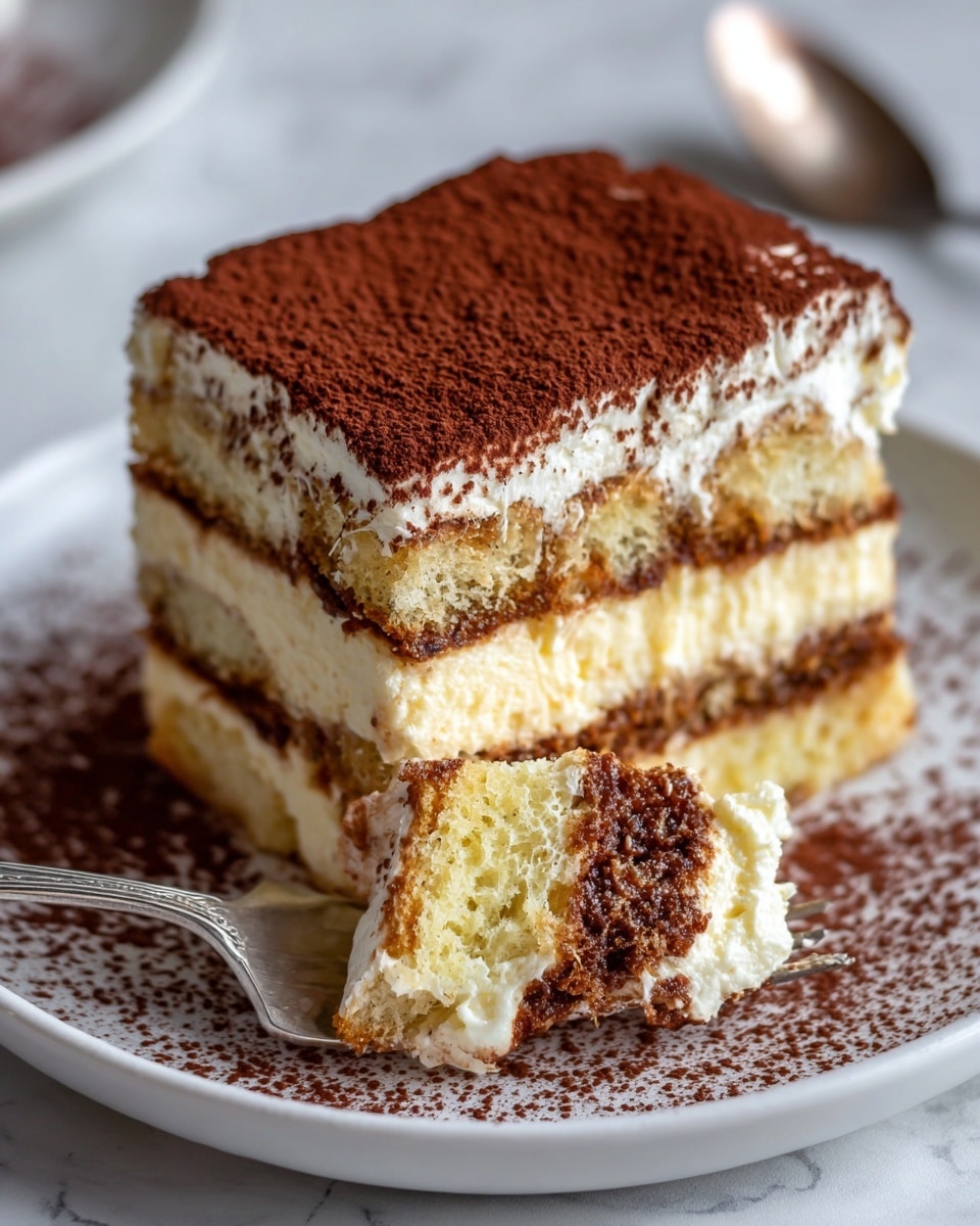 A slice of tiramisu dessert shows five distinct horizontal layers, starting with a light beige sponge cake base with a slightly rough texture. Above the base are alternating layers of creamy white mascarpone filling and soaked sponge cake strips that are light brown with a soft, soaked appearance. The top layer is a thick, smooth spread of mascarpone cream generously dusted with fine, dark brown cocoa powder. The dessert is on a round white plate with cocoa powder lightly sprinkled around the inside edge. A silver fork is lifting the slice, revealing the clean layers within. The background is a white marbled texture, softly blurred, with a spoon slightly out of focus. Photo taken with an iphone --ar 4:5 --v 7