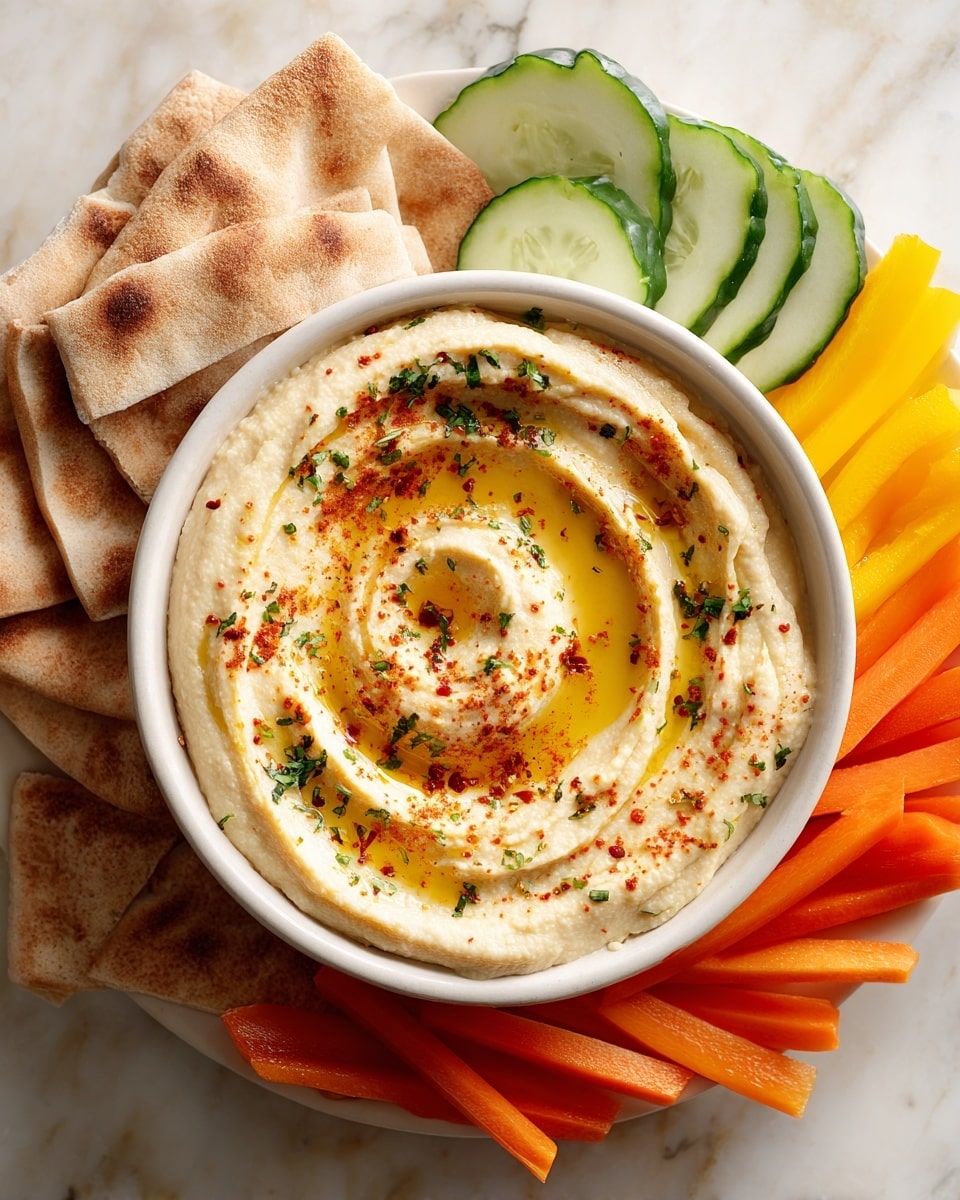 A white bowl filled with creamy hummus topped with a swirl of olive oil, a sprinkle of paprika, and chopped green herbs sits in the center. Around the bowl are soft, light brown pita bread pieces arranged in a fan shape, with slices of fresh green cucumber, bright orange carrot rounds, and yellow strips of bell pepper fanned out neatly on a white marbled surface. Part of a woman's hand is reaching toward the pita bread. Photo taken with an iphone --ar 4:5 --v 7