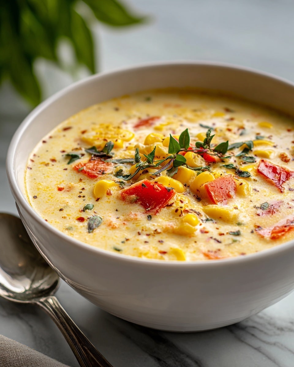 A white bowl filled with creamy corn chowder is placed on a white marbled surface. The chowder has a smooth, thick yellow base with visible kernels of corn, small red bits that look like pieces of red pepper or tomato, and a garnish of fresh green herbs on top. A silver spoon lies next to the bowl. In the background, blurred green leaves add a natural touch. Photo taken with an iphone --ar 4:5 --v 7