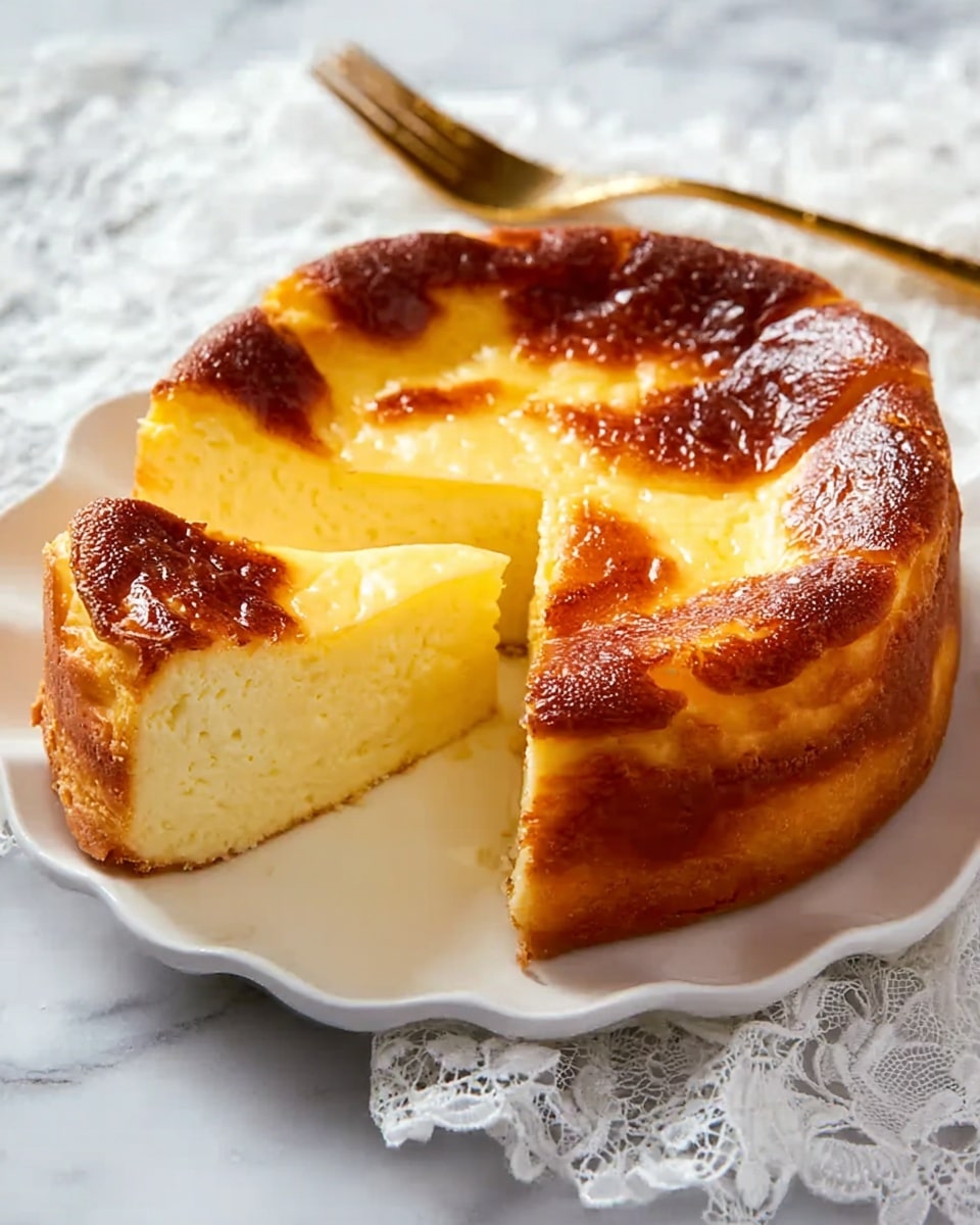 The image shows a round cheesecake with one slice cut out and slightly pulled away to the right side, revealing its inside texture. The cake has two main layers: a thick, light yellow creamy layer with a smooth, soft texture at the bottom and a glossy, golden brown layer on top that looks slightly caramelized and shiny. The cheesecake’s edge is darker brown and looks more baked and firm. The cheesecake sits on a white plate with a scalloped edge placed on a white marbled surface. To the right of the plate, there is a gold fork resting on a white lace cloth. The photo taken with an iphone --ar 4:5 --v 7