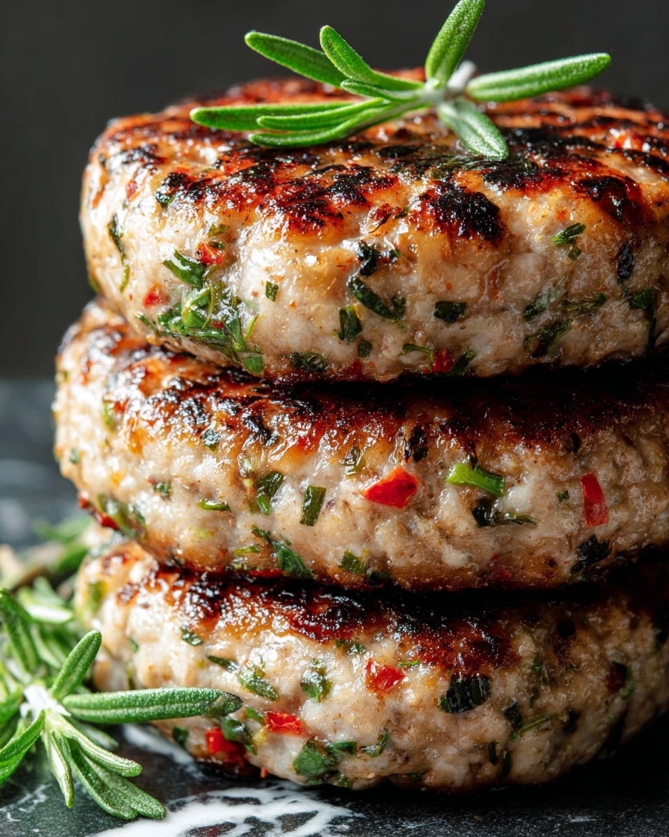 A close-up view of a stack of three thick patties, each showing a slightly crispy, golden-brown surface with charred spots. The patties have a light beige color mixed with visible green herbs and small red pieces inside, giving them a fresh, textured look. Small sprigs of green herbs sit on top and beside the stack, adding color contrast. The background is a white marbled texture, softly blurred to keep focus on the patties, highlighting their juicy and well-cooked appearance. photo taken with an iphone --ar 4:5 --v 7