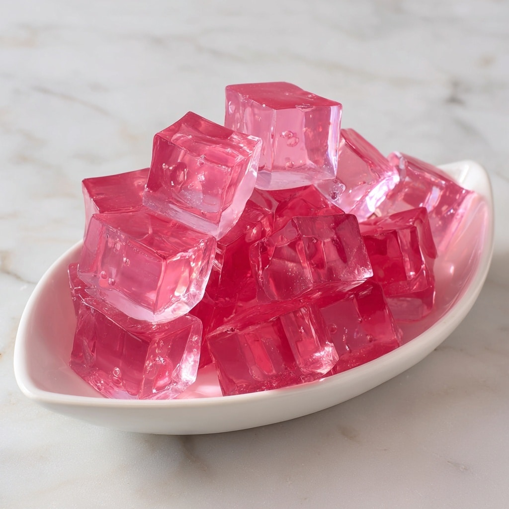 The image shows a white leaf-shaped dish filled with many small, translucent purple jelly cubes. Each cube is smooth and shiny, with light reflecting off their surfaces, giving a slightly glossy look. The jelly pieces are stacked loosely, some lying flat while others are tilted or resting on edges, creating a layered, textured appearance. The dish sits on a white marbled surface. photo taken with an iphone --ar 4:5 --v 7