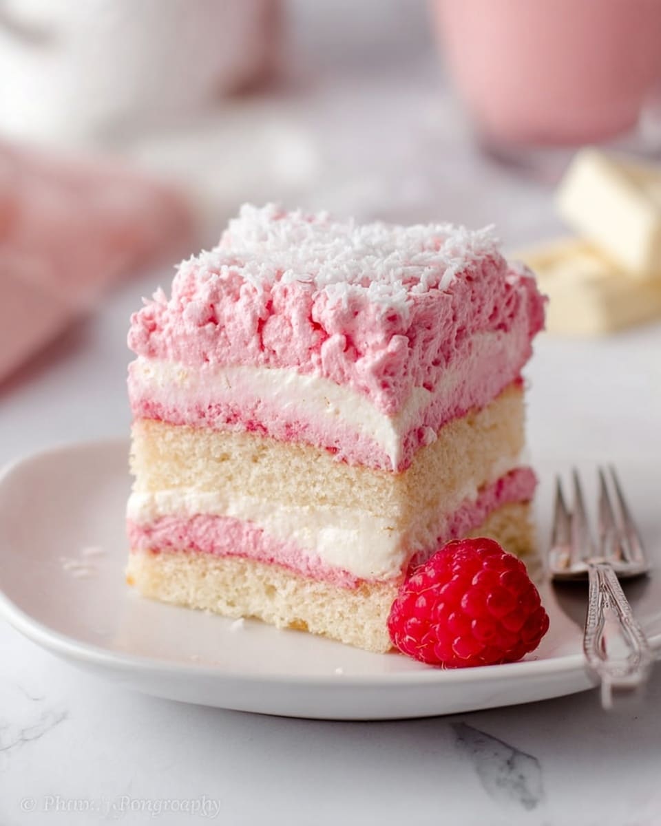 The image shows a square slice of pink layered dessert on a white plate placed on a white marbled surface. The dessert has three layers of light pink creamy mousse with two layers of yellow sponge cake in between. The top layer is thick pink mousse sprinkled with fine white flakes, possibly coconut. A fresh red raspberry sits at the base of the slice on the plate. The background is softly blurred with hints of light pink objects and striped red and white straws lying nearby. Photo taken with an iphone --ar 4:5 --v 7