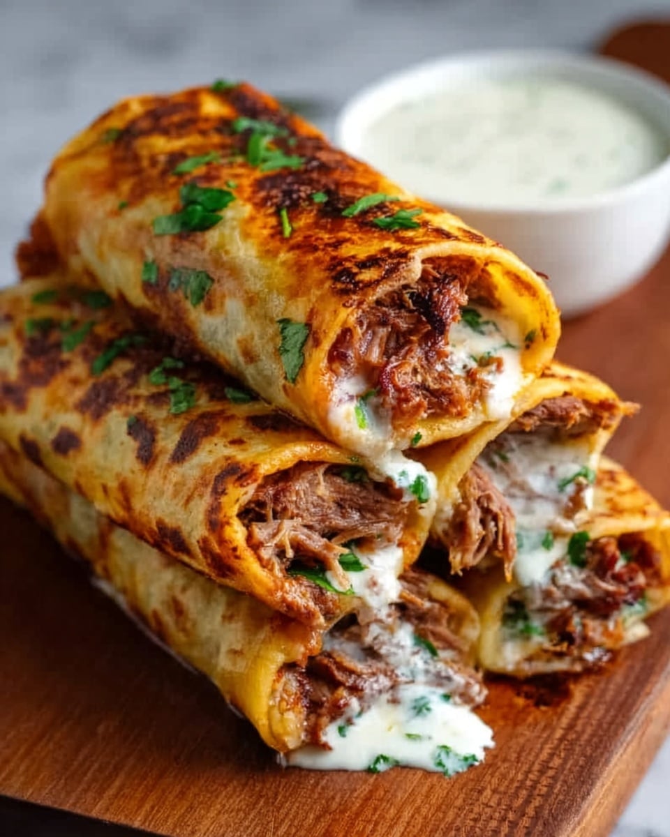 The image shows three rolled wraps stacked on a wooden board against a white marbled background. Each wrap is golden-brown with a slightly crispy texture and filled with layers of juicy, shredded meat mixed with fresh green herbs and creamy white sauce oozing out at the ends. The wraps are packed tightly and appear warm and savory, with some herbs scattered on top for garnish. A small white bowl of extra sauce sits blurred in the back. photo taken with an iphone --ar 4:5 --v 7