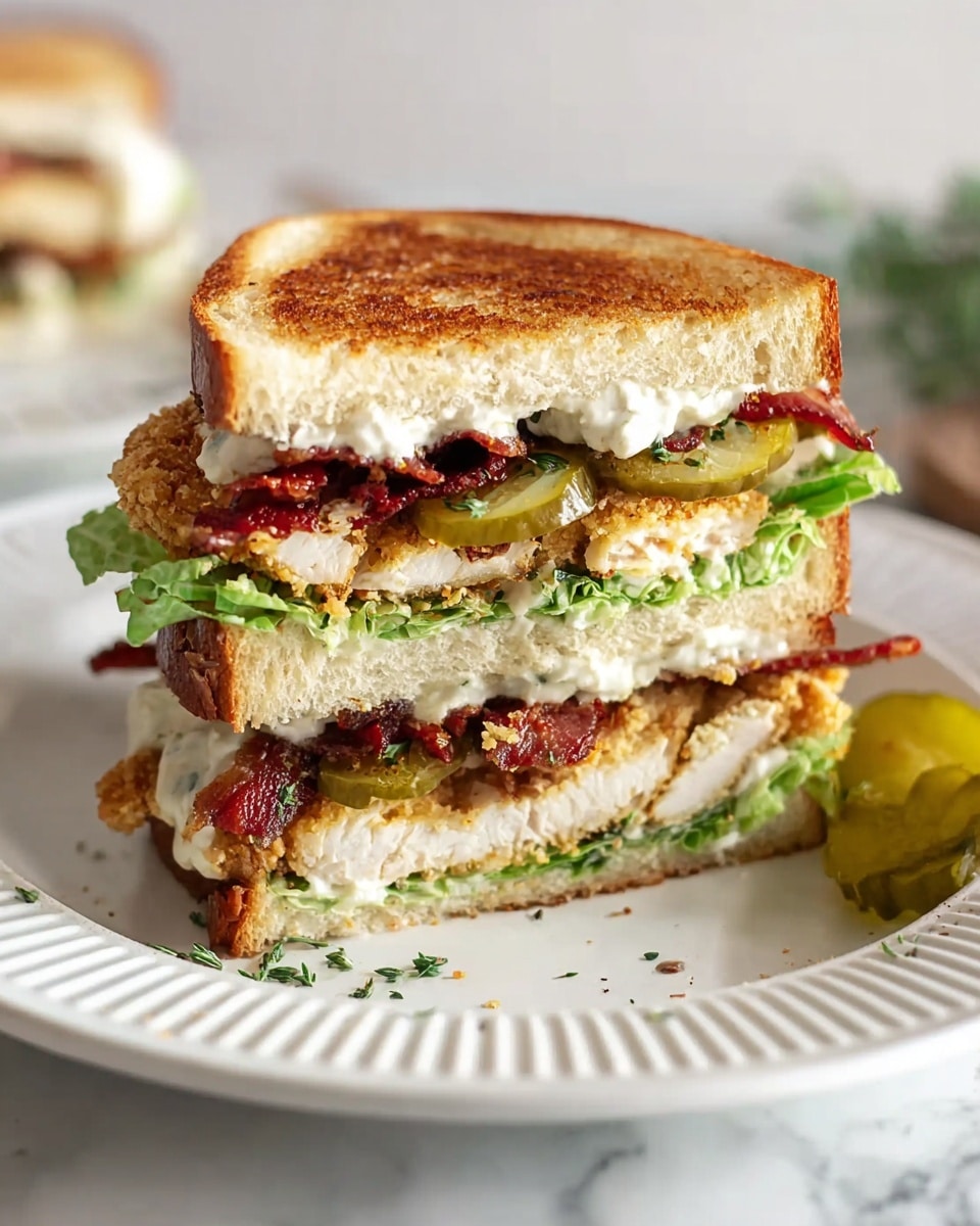 A sandwich cut in half stacked on a white plate with a ridged edge, showing four layers starting from the top: a toasted golden-brown bread slice with a crunchy texture; a thick spread of creamy white sauce with herbs; two bright green pickle slices and crispy reddish-brown bacon strips; followed by another slice of soft white bread; then green lettuce leaves with a crinkled texture; a crunchy golden-brown fried chicken patty with a rough texture; more green pickle slices; and finally resting on a bottom toasted bread slice. Small green herb bits and pickle slices are scattered on the plate, all placed on a white marbled texture. photo taken with an iphone --ar 4:5 --v 7
