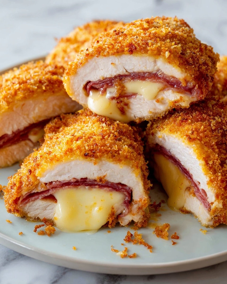 The image shows several pieces of a dish with three clear layers: a crispy golden brown outer crust with a rough texture, a thick white cooked chicken layer inside, and a middle layer of melted pale yellow cheese beneath a thin dark red slice of ham. The pieces are arranged on a white plate with some brown spots of oil. The background is a white marbled texture. photo taken with an iphone --ar 4:5 --v 7