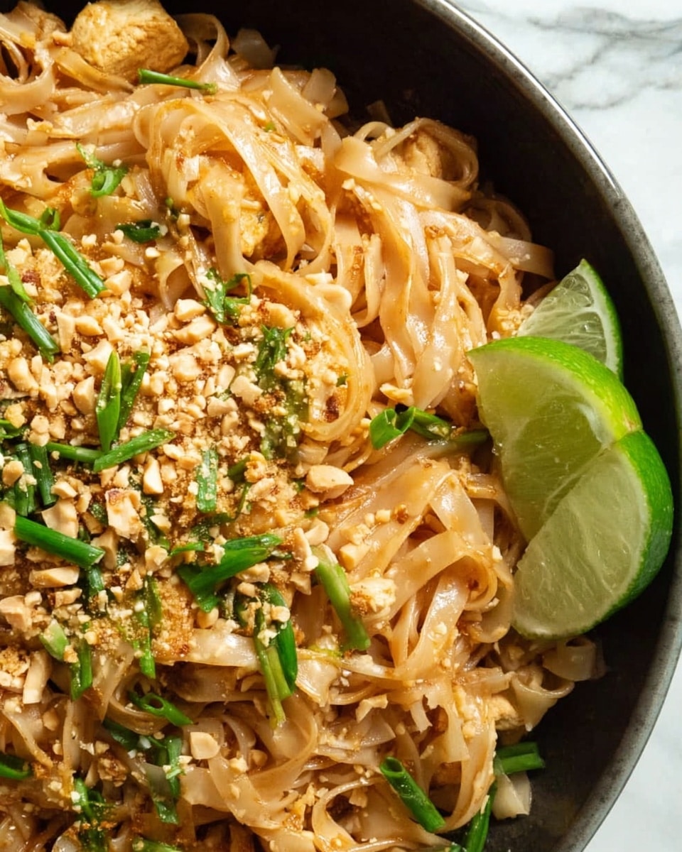A close-up of a white bowl filled with a layered dish of stir-fried flat rice noodles mixed with pieces of cooked egg and bean sprouts. The noodles are light brown with a soft, glossy texture, intertwined with chopped green onions scattered evenly on top. Crushed peanuts are sprinkled generously, adding a rough, grainy texture. Two fresh lime wedges rest on the side inside the bowl, vibrant green and juicy. The bowl sits on a surface with white marbled texture, photo taken with an iphone --ar 4:5 --v 7