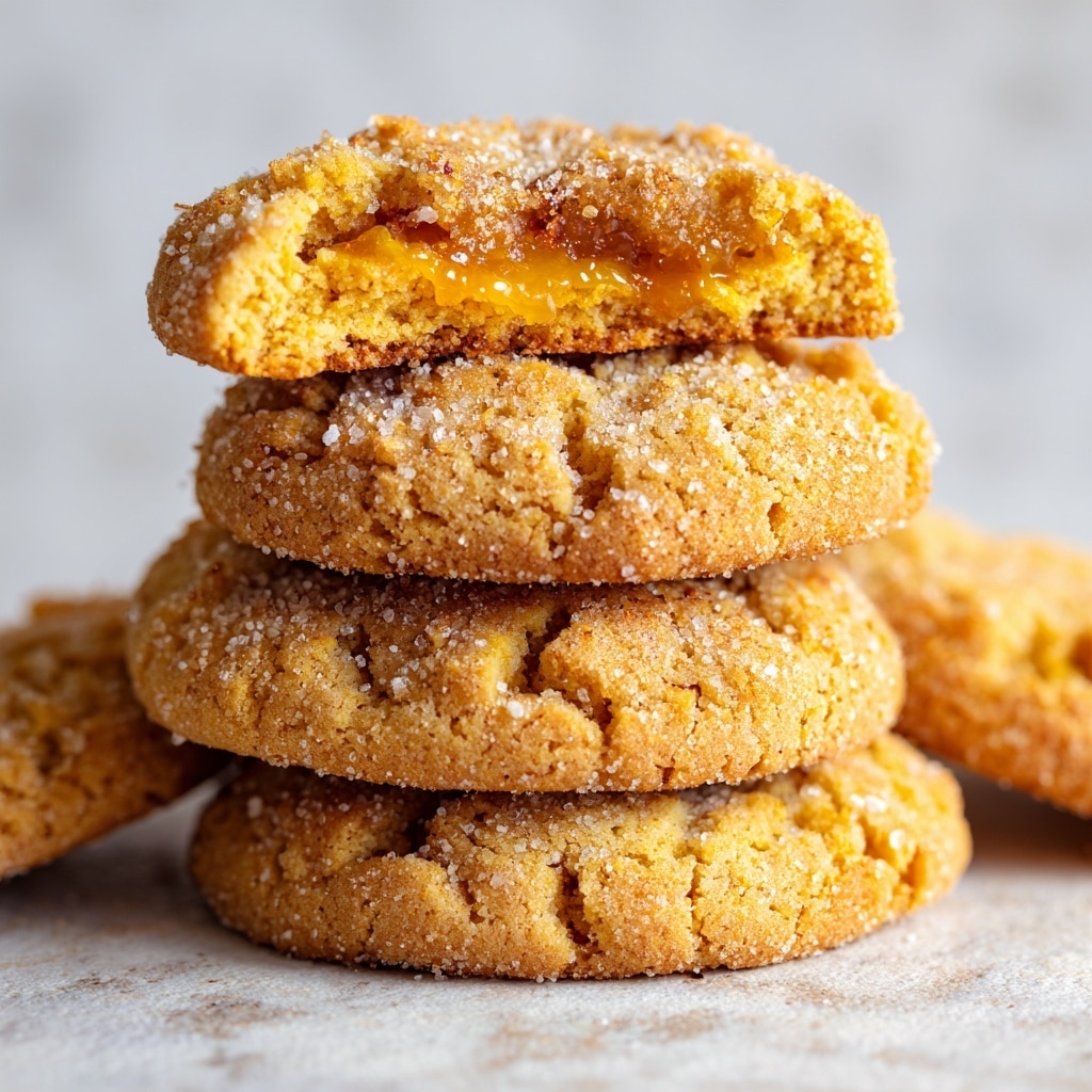 The image shows a stack of golden brown crumbly cookies with a soft, gooey orange filling visible inside the top broken cookie. The cookies have a rough, uneven surface with sugar crystals and cinnamon powder sprinkled all over, giving a textured look. They are placed closely together, filling the frame, on a white marbled surface. photo taken with an iphone --ar 4:5 --v 7