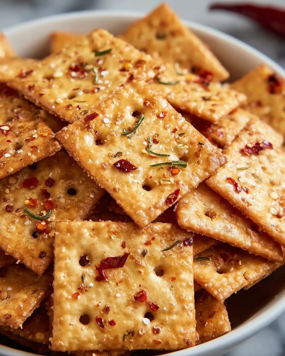 A close-up view of a bowl filled with many square crackers stacked in layers. Each cracker is golden brown with tiny holes in the center, and they are covered with scattered specks of red chili flakes, coarse salt crystals, and small green herb bits. The crackers have a slightly rough and crunchy texture with some areas appearing glossier than others. The white bowl sits on a white marbled surface. photo taken with an iphone --ar 4:5 --v 7