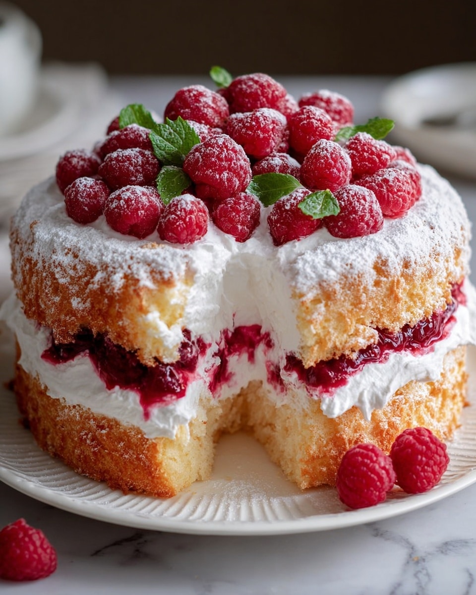 A round two-layer white sponge cake with a thick middle layer of white cream and bright red raspberry filling peeking through, topped with a layer of white whipped cream covered with fresh whole raspberries and small green mint leaves. The cake sides appear soft and fluffy with a light golden-brown crust dusted lightly with powdered sugar, sitting on a white plate with three raspberries beside it, all on a white marbled surface. Photo taken with an iphone --ar 4:5 --v 7