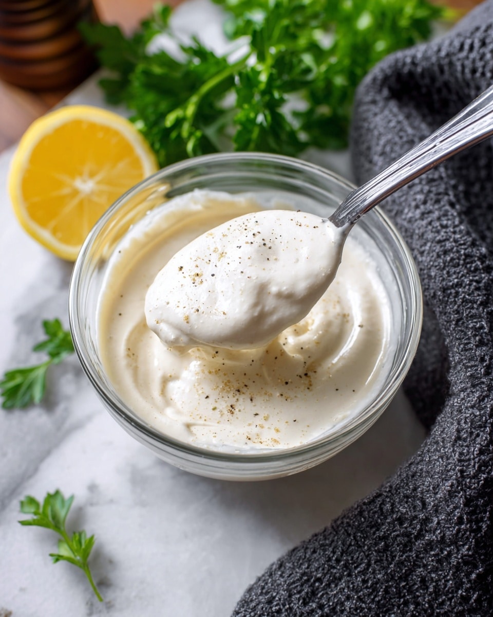 A clear glass bowl holds a creamy, thick white sauce lightly dusted with small black specks of pepper, with a silver spoon resting inside lifting a dollop of the sauce. Behind the bowl, there is a bright yellow lemon wedge and a few sprigs of fresh green parsley adding color. The bowl is placed on a white marbled texture with a soft gray woven cloth nearby, creating a clean and fresh setting. Photo taken with an iphone --ar 4:5 --v 7