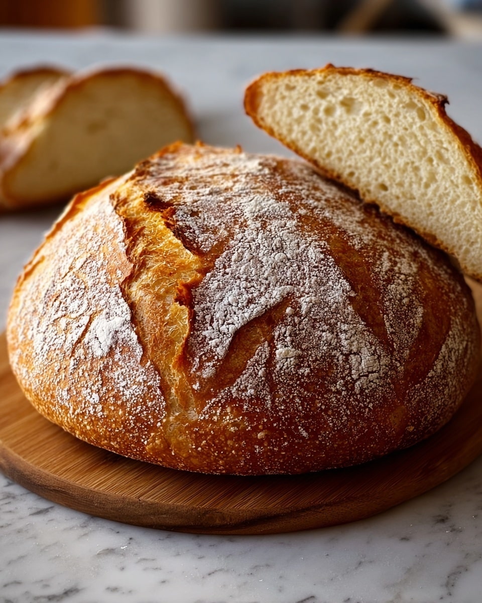 A large round loaf of bread with a golden brown crust is placed on a wooden cutting board. The loaf has a rough, cracked texture with white flour dusted unevenly on top, creating a rustic look. The middle of the loaf has a deep slash where the inner light yellow of the bread is visible, showing the soft, fluffy texture inside. In the background, a few slices of the same bread are stacked, revealing their airy and pale interior. The setting is on a white marbled surface. photo taken with an iphone --ar 4:5 --v 7