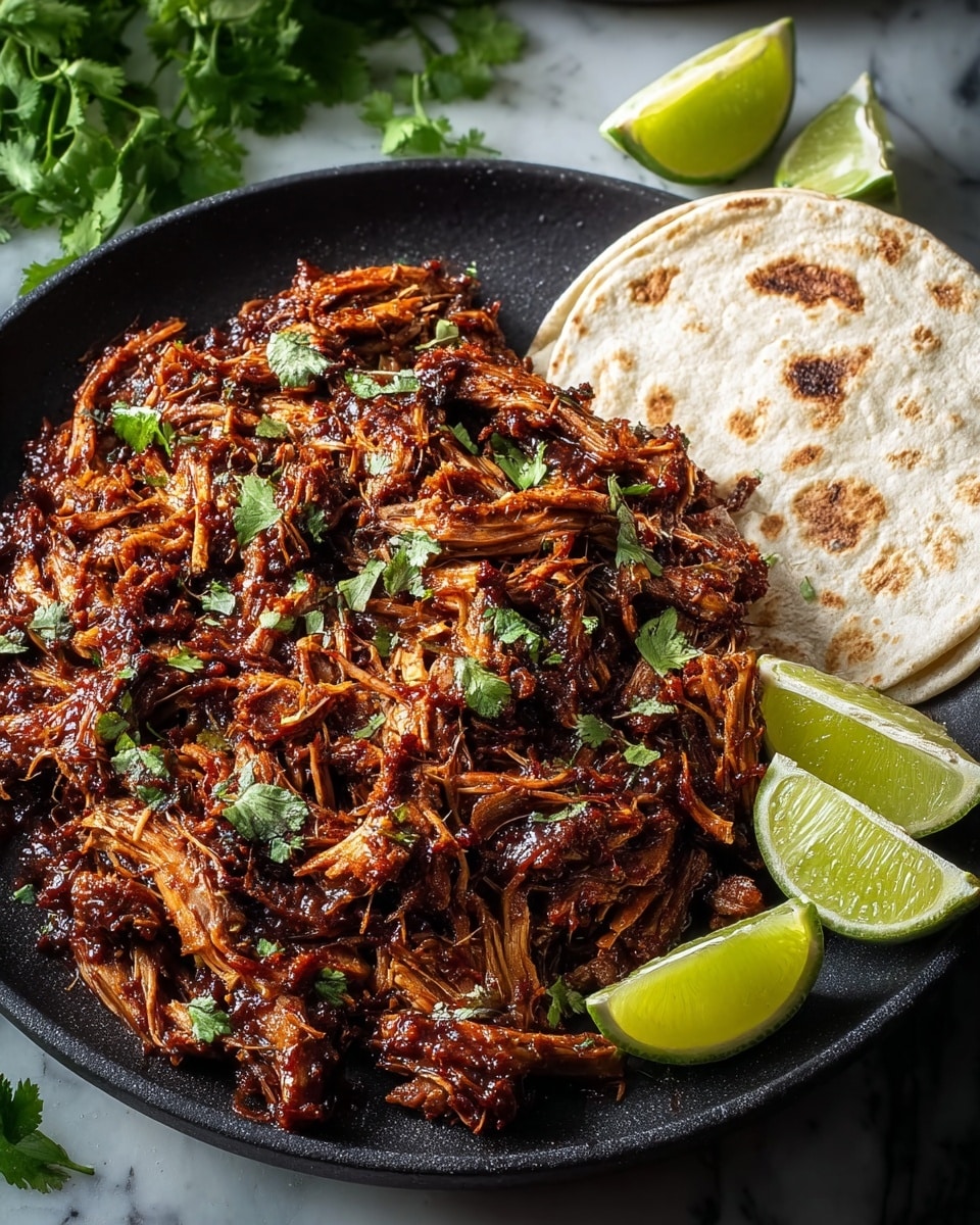 A dark round plate filled with shredded, cooked meat covered in a glossy, dark reddish-brown sauce, garnished with bright green chopped cilantro on top. On the right edge of the plate, two lime wedges add a fresh green contrast. To the left side of the plate, two white tortillas with char marks lay flat on a white marbled surface, and a bunch of fresh cilantro and half a lime sit nearby as well. The textures show juicy, tender meat fibers combined with fresh herb leaves. Photo taken with an iphone --ar 4:5 --v 7