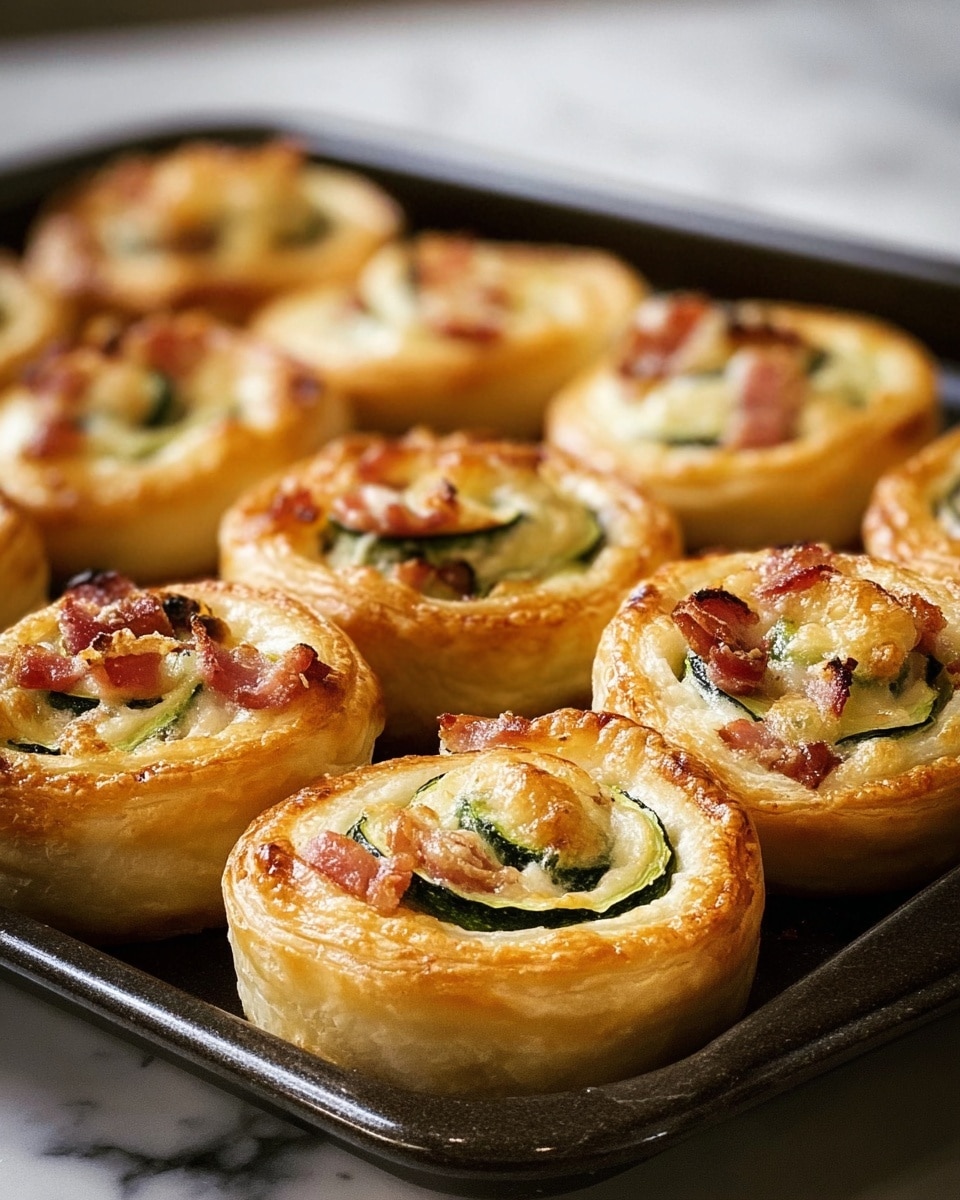 The image shows a close-up of several round puff pastry pinwheels on a baking tray. Each pinwheel has a golden brown, flaky outer layer with a crisp texture. Inside, there are visible layers of light green zucchini slices and small pieces of cooked bacon with a reddish-brown color, mixed with melted creamy white cheese. The pinwheels are arranged in rows on the dark baking tray, which sits on a white marbled surface. The lighting highlights the shiny, slightly oily surface of the pastries, showing their fresh, warm, and appetizing look. Photo taken with an iphone --ar 4:5 --v 7