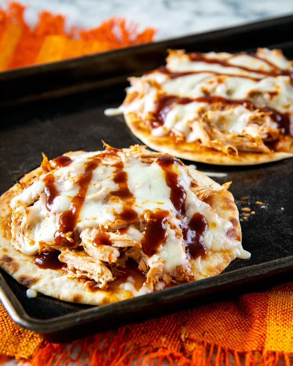 Two small flatbreads are placed on a black baking tray set on a white marbled texture. Each flatbread has a thin, crispy light brown crust base. On top, there is a layer of shredded cooked chicken mixed with a reddish-brown sauce. A thick layer of melted white cheese covers the chicken, soft and gooey with some spots bubbling. Dark brown barbecue sauce is drizzled over the cheese in uneven patches, adding glossy richness to the surface. The edges show some cheese melted onto the tray, creating a crispy texture. In the foreground, part of an orange fringed cloth lies beneath the tray. Photo taken with an iphone --ar 4:5 --v 7