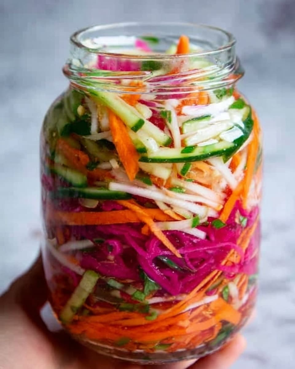 A clear glass jar filled with several layers of thinly sliced vegetables, including bright orange carrot sticks, white and pink radish strips, and green cucumber julienne. The vegetables are mixed and layered closely inside the jar, showing fresh, crunchy textures and vibrant colors that contrast against each other. The jar sits on a white marbled surface, with a softly blurred background that highlights the jar’s colorful contents. photo taken with an iphone --ar 4:5 --v 7