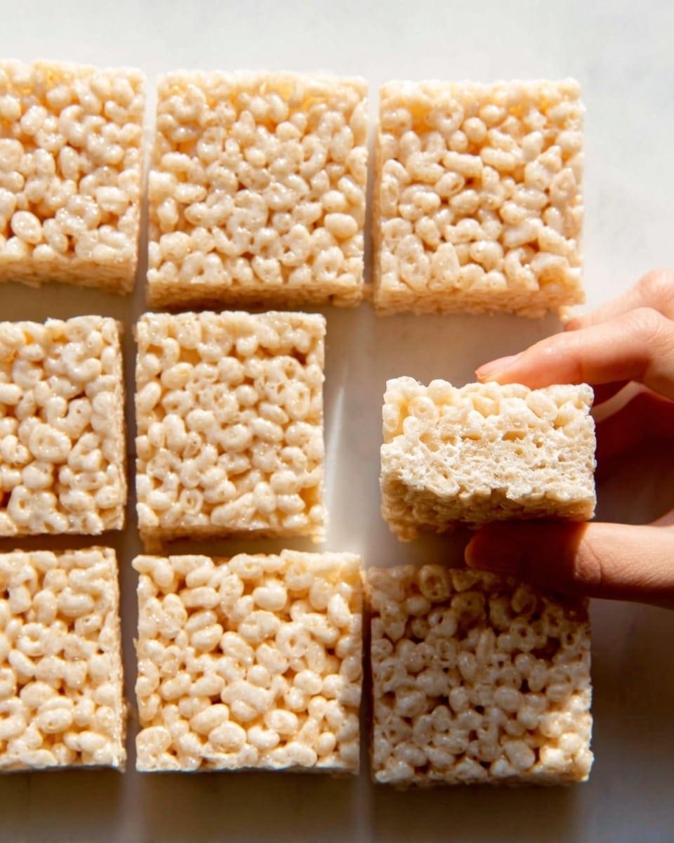 The image shows nine square pieces of light beige rice crispy treats with a soft, airy texture. The treats are arranged neatly in a 3 by 3 grid on a white marbled surface. One piece is slightly lifted by a woman's hand on the right side, showing the thickness and details of the puffed rice grains held together. The lighting highlights the glossy, sticky surface of the treats, making them look fresh and chewy. Photo taken with an iphone --ar 4:5 --v 7