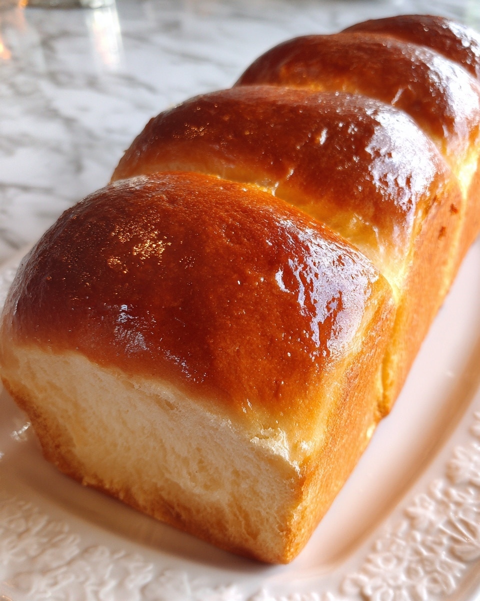 The image shows a close-up of a loaf of bread with a shiny, golden-brown crust on top. The bread is sliced to reveal its soft, light yellow inside, which has a fluffy and slightly spongy texture with small air pockets. The loaf rests on a white plate, placed on a white marbled surface. The light reflects gently from the smooth, glossy crust, highlighting the contrast between the crust and the soft interior. Photo taken with an iphone --ar 4:5 --v 7