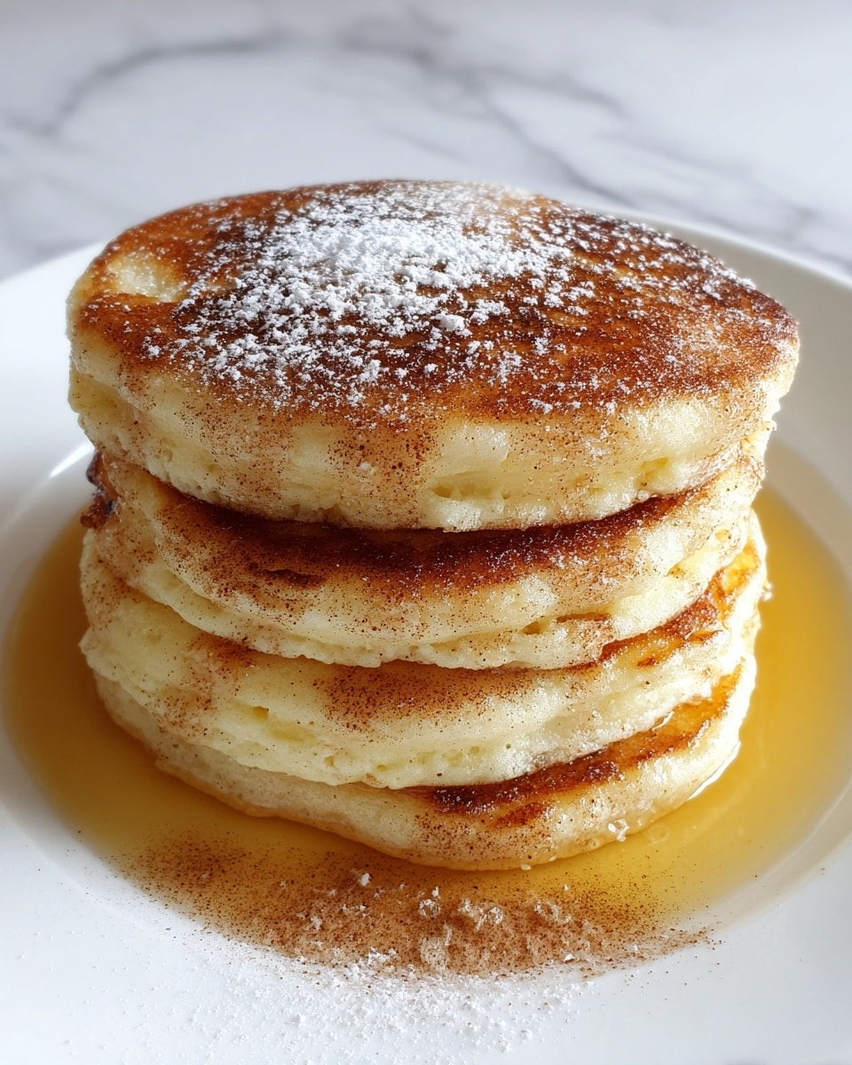 A stack of four thick, fluffy pancakes is shown close up on a white plate with a white marbled textured background. The pancakes are golden brown on the edges and soft white inside, with a slice cut out from the middle, revealing their airy texture. Layers of cinnamon sugar are visible between each pancake, adding specks of brown inside the white layers. The top pancake is sprinkled with powdered sugar and cinnamon, and a small amount of syrup pools around the base of the stack. photo taken with an iphone --ar 4:5 --v 7