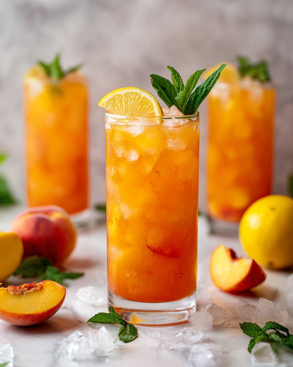 The image shows a tall clear glass filled with an orange peach drink containing small peach bits and ice cubes on top. The glass is decorated with a wedge of peach and a lemon slice, held together by a small green mint leaf sprig on the rim. In the background, two more similar glasses with the same drink and garnishes are visible. The base of the glasses rests on a white marbled surface scattered with peach slices, lemon slices, whole peaches, some ice cubes, and green mint leaves. The overall look is fresh, vibrant, and summery. photo taken with an iphone --ar 4:5 --v 7