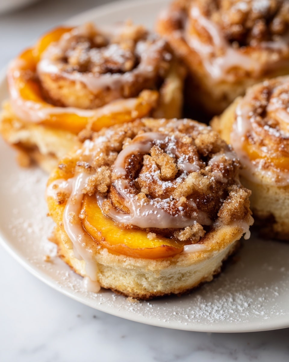 The image shows a close-up of several golden brown cinnamon rolls arranged tightly together, each with multiple soft dough layers swirling inward. Inside the spirals, there are small bright orange peach slices contrasting with the warm beige tones. The rolls have crumbly cinnamon streusel sprinkled over the top, giving a rough texture, and are drizzled unevenly with smooth, white icing that glistens under the light. Tiny specks of powdered sugar dust the surface, adding a light contrast on the rolls and the white marbled textured background below. photo taken with an iphone --ar 4:5 --v 7