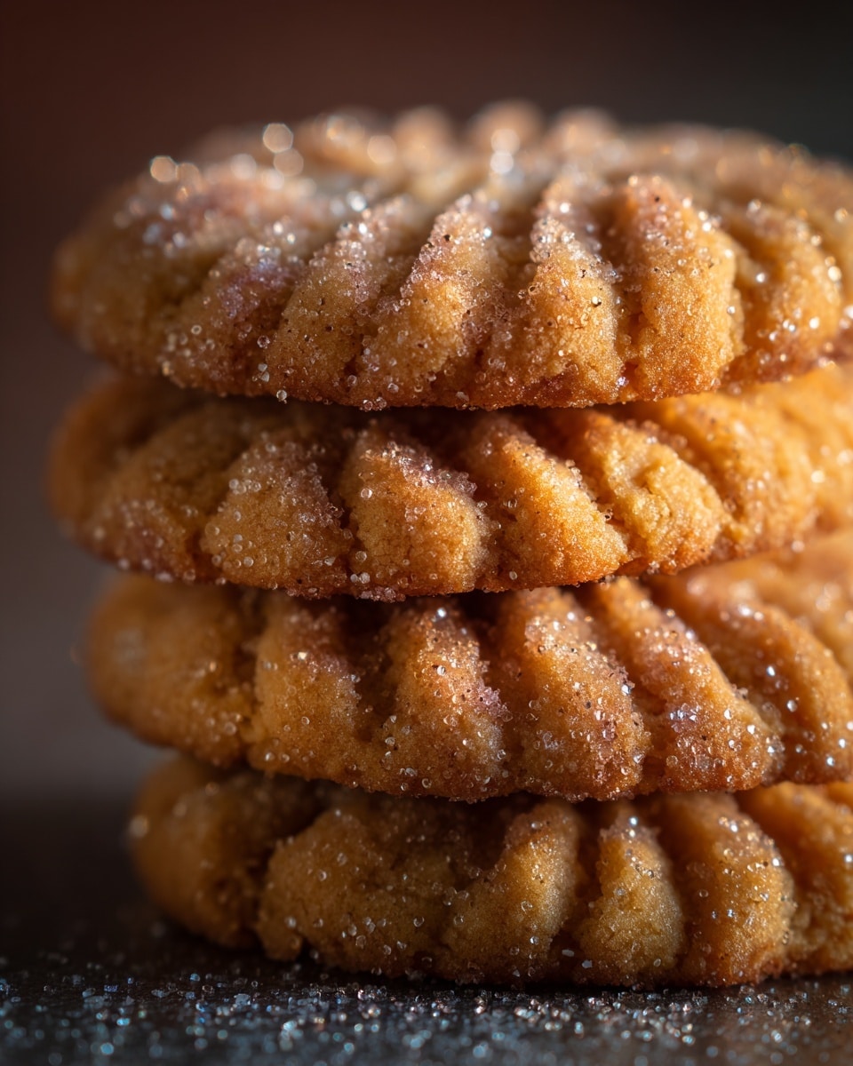 The image shows a close-up of a stack of round, golden-brown cookies with a crisscross pattern on top, covered lightly in granulated sugar. The cookies have a slightly rough texture and appear soft and chewy on the inside with a crisp outer layer. The background is blurred brown, and the cookies are resting on a white marbled surface. photo taken with an iphone --ar 4:5 --v 7