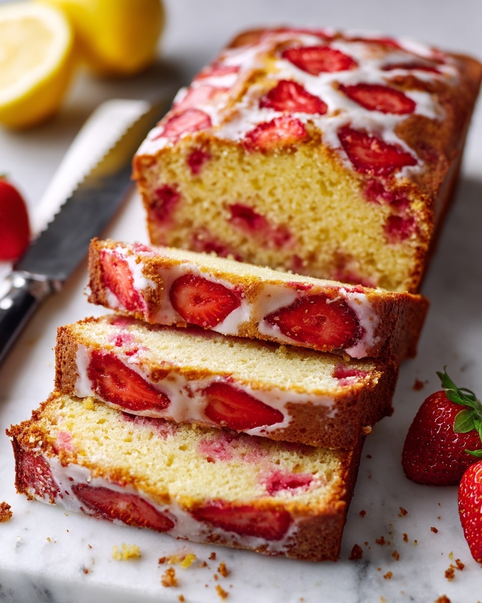 A loaf of moist strawberry cake is sliced into five thick pieces, stacked slightly unevenly on a white marbled surface, revealing the light yellow cake inside dotted with red strawberry pieces. The top layer has visible slices of fresh, bright red strawberries embedded in a golden brown crust with a slightly glossy texture. The edges are lightly browned and soft crumbs are scattered nearby. In the background, there are whole strawberries and a lemon partially visible. Photo taken with an iphone --ar 4:5 --v 7