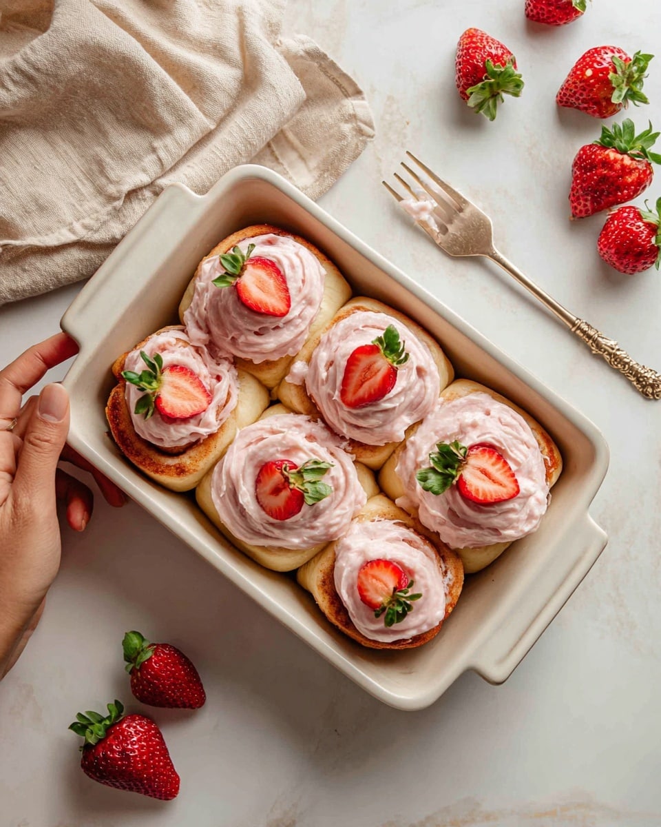 A white rectangular baking dish holds six cinnamon rolls arranged in two rows of three, each topped with a thick swirl of light pink frosting. Fresh strawberries, both whole and halved, are placed on top of the frosting and between the rolls, adding bright red and green color contrast. The cinnamon rolls are golden brown with a soft, fluffy texture visible around the edges. The dish is set on a white marbled surface with a small stack of white powdered sugar-covered donuts on the right and a pink cloth napkin alongside vintage silver forks on the left. Photo taken with an iphone --ar 4:5 --v 7