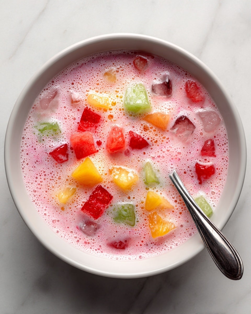 The image shows a close-up of a large bowl filled with a pink foamy liquid mixed with various small colorful fruit pieces and ice cubes floating on the surface. The fruits include red, yellow, and a few dark blue bits, giving a mixed texture of juicy, smooth, and icy elements. A silver spoon is partly submerged on the right side, resting inside the white bowl. The entire scene is set on a white marbled surface. The overall look is refreshing and vibrant with soft colors and a bubbly texture. photo taken with an iphone --ar 4:5 --v 7